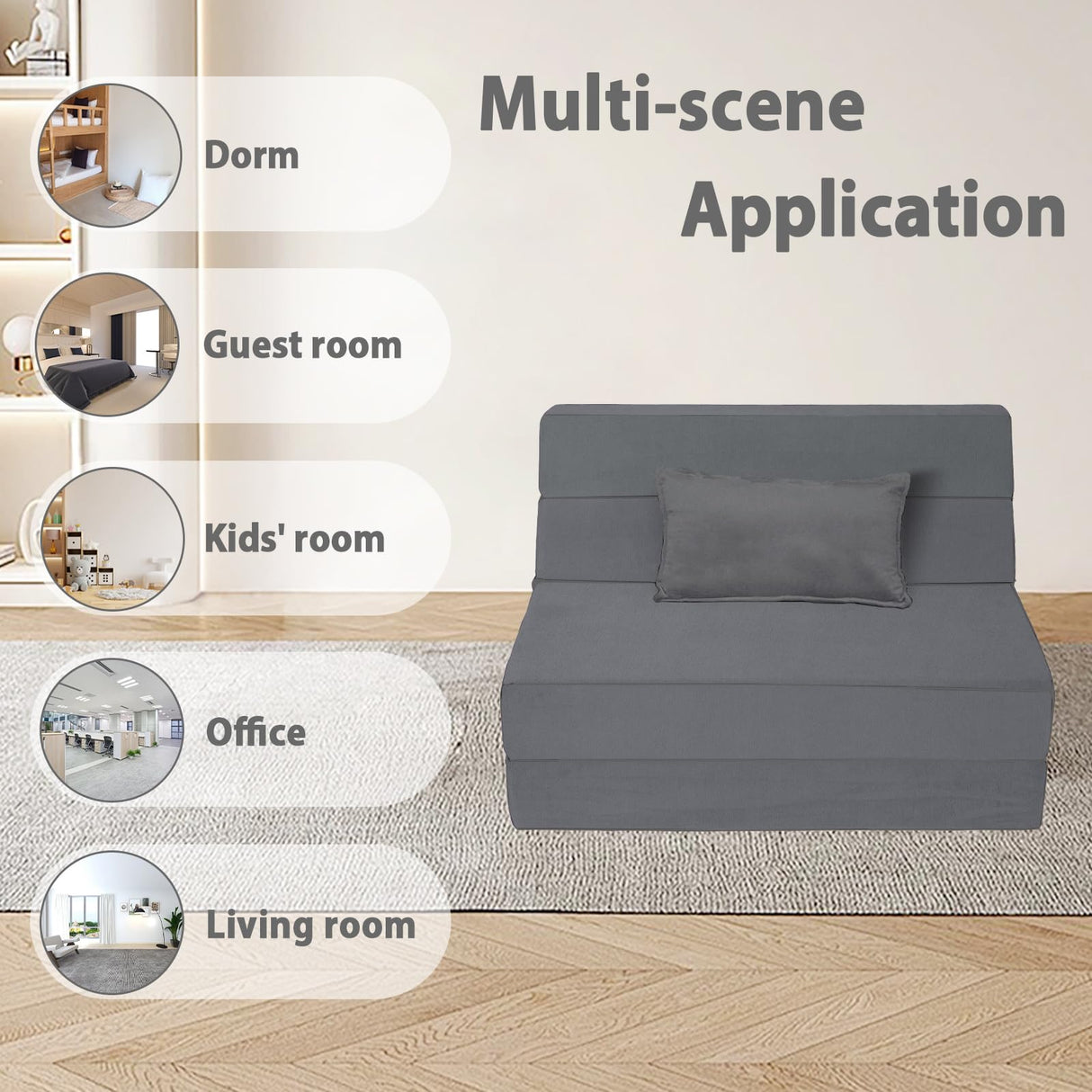 Youtanic 5 in 1 Folding Sofa Bed, Twin Size Convertible Sleeper Chair with Pillow, Memory Foam Futon Couch, Velvet Fabric Washable Mattress for Living Room, Dorm, Guest, Office, Apartment, Dark Gray Youtanic