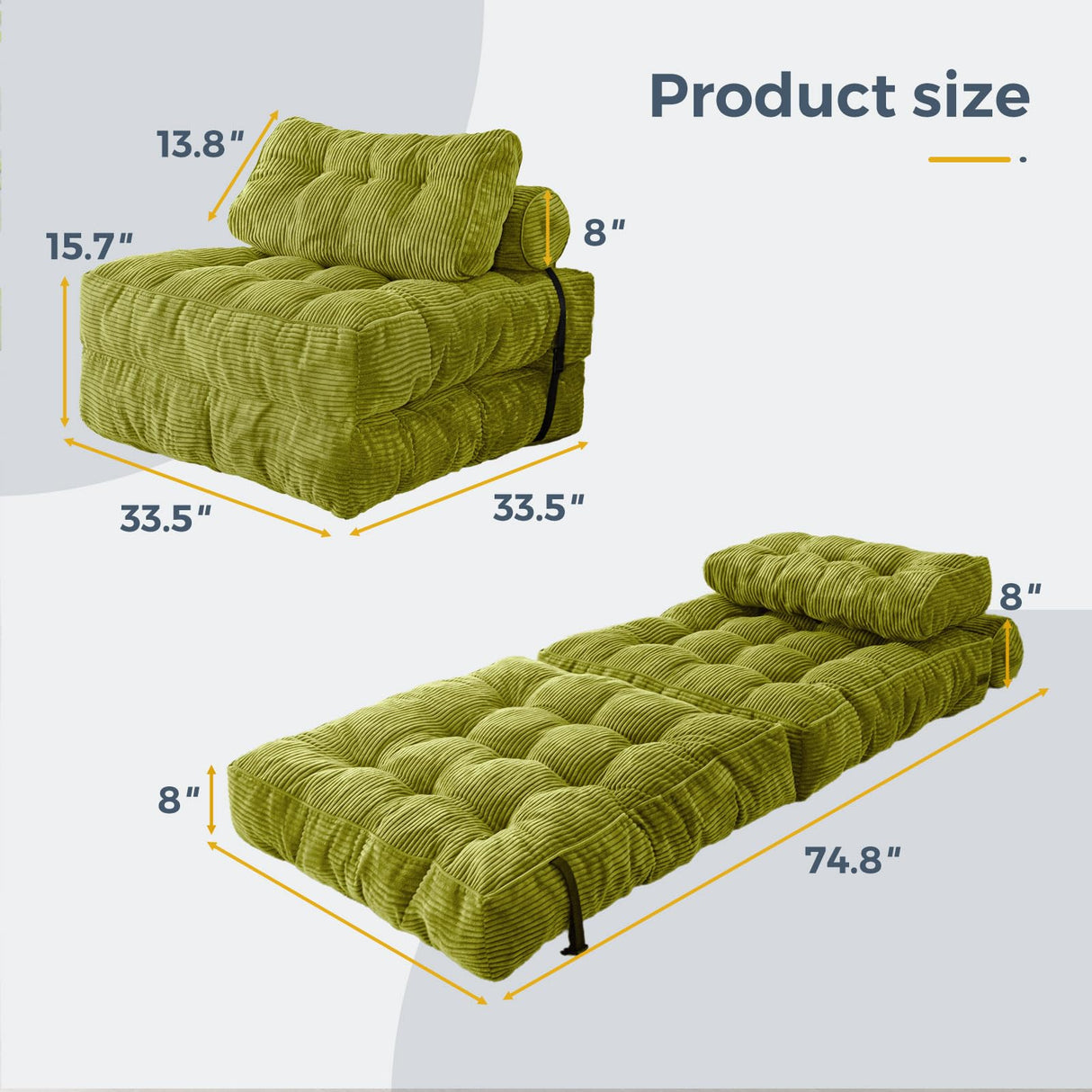 MAXYOYO Folding Sofa Bed, Convertible Sleeper Chair with Pillow Foldable Mattress with Back Support, Portable Fold Out Chair Bed Comfy Floor Sofa Lounge for Living Room Bedroom, Green, Single MAXYOYO