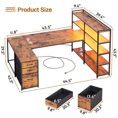 SEDETA L Shaped Desk with Storage Shelves, 64.5" Reversible U Shaped Office Desk with 3 Fabric Drawers, Gaming Desk with Power Outlet & LED Strip, Rustic Brown