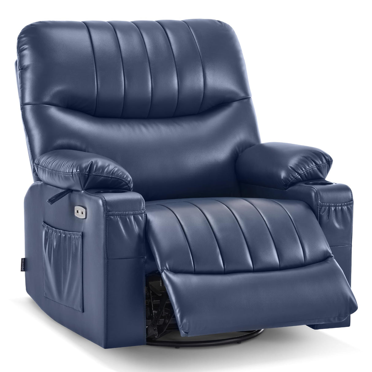 MCombo Oversized Swivel Glider Rocker Power Recliner Chair for Living Room with Heat and Vibration Massage, USB Ports, Cup Holders and Pockets, Faux Leather 7785 (Navy Blue) MCombo