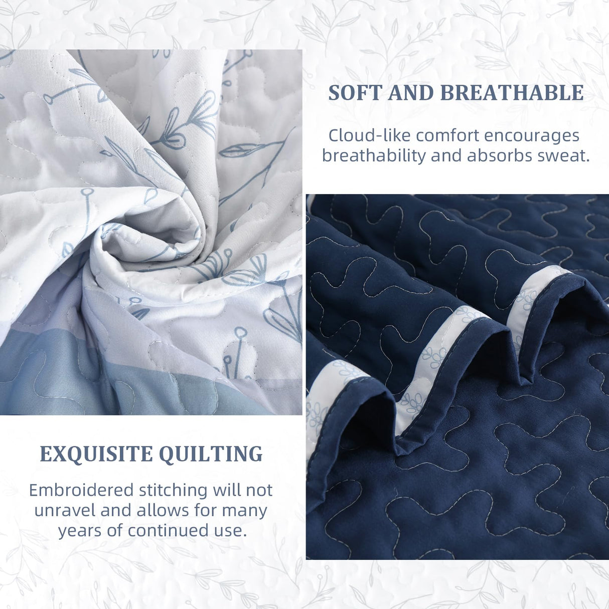 DJY Striped Quilt Set King Size, Navy Blue Boho Striped Patchwork Leaves Printed Bedspread Coverlet Set 3 Pieces Soft Lightweight Microfiber Quilted Bedding Set for All Season (104"x90") DJY