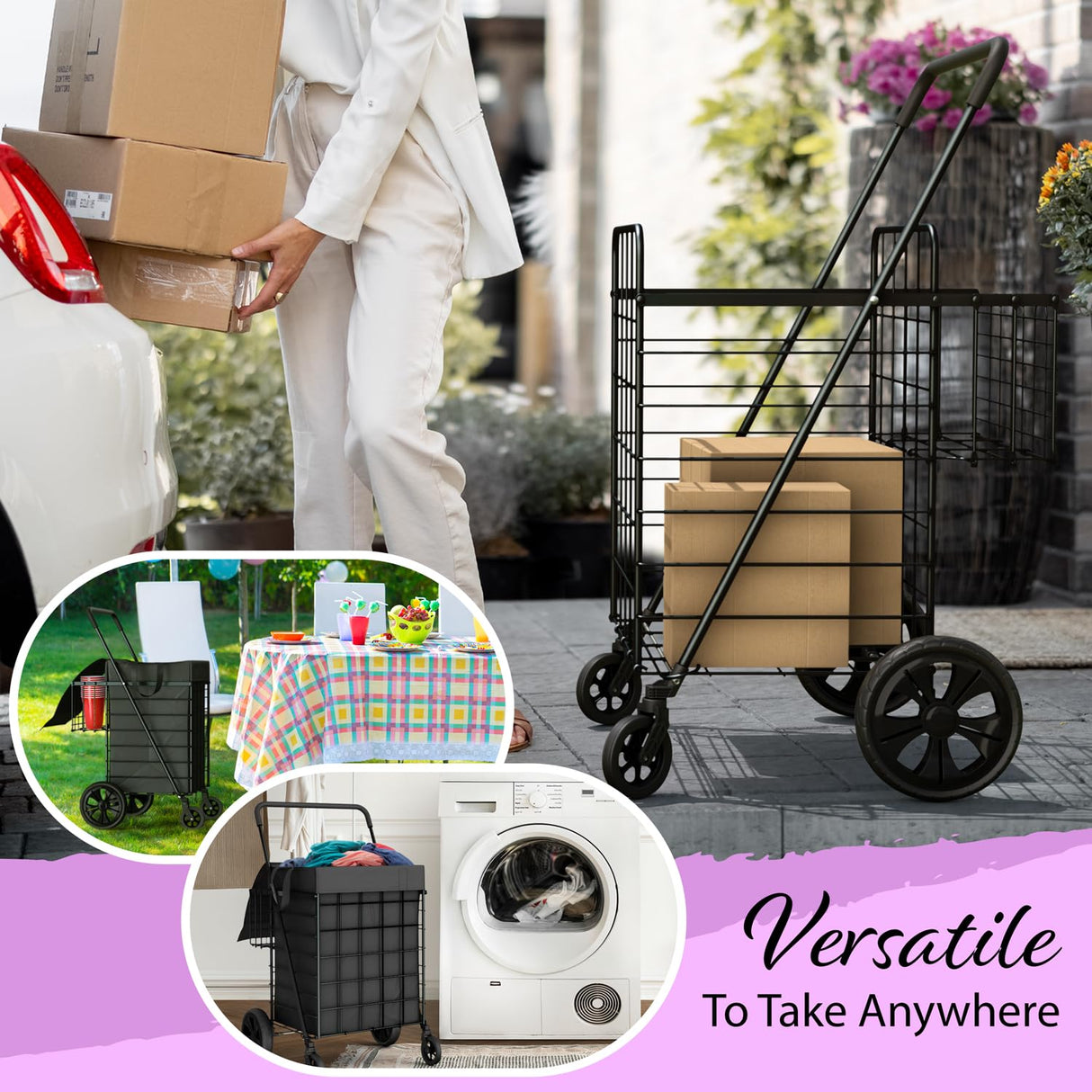 Our Modern Space Shopping Cart w/Waterproof Basket Liner & 360° Swivel Wheels | Foldable Collapsible & Lightweight | Perfect for Groceries Laundry Utility Cart - Black Our Modern Space