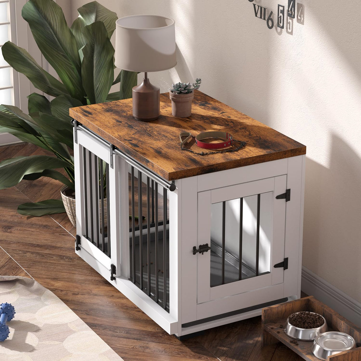 Zakkart Dog Crate Furniture Barn Door for Medium Dogs Up to 40 lbs. - Puppy Kennel w/Thickened Farmhouse Top & Steel Bars - 30'' Wide - White Decorative Modern Dog Crate Table, End Table, Nightstand Zakkart