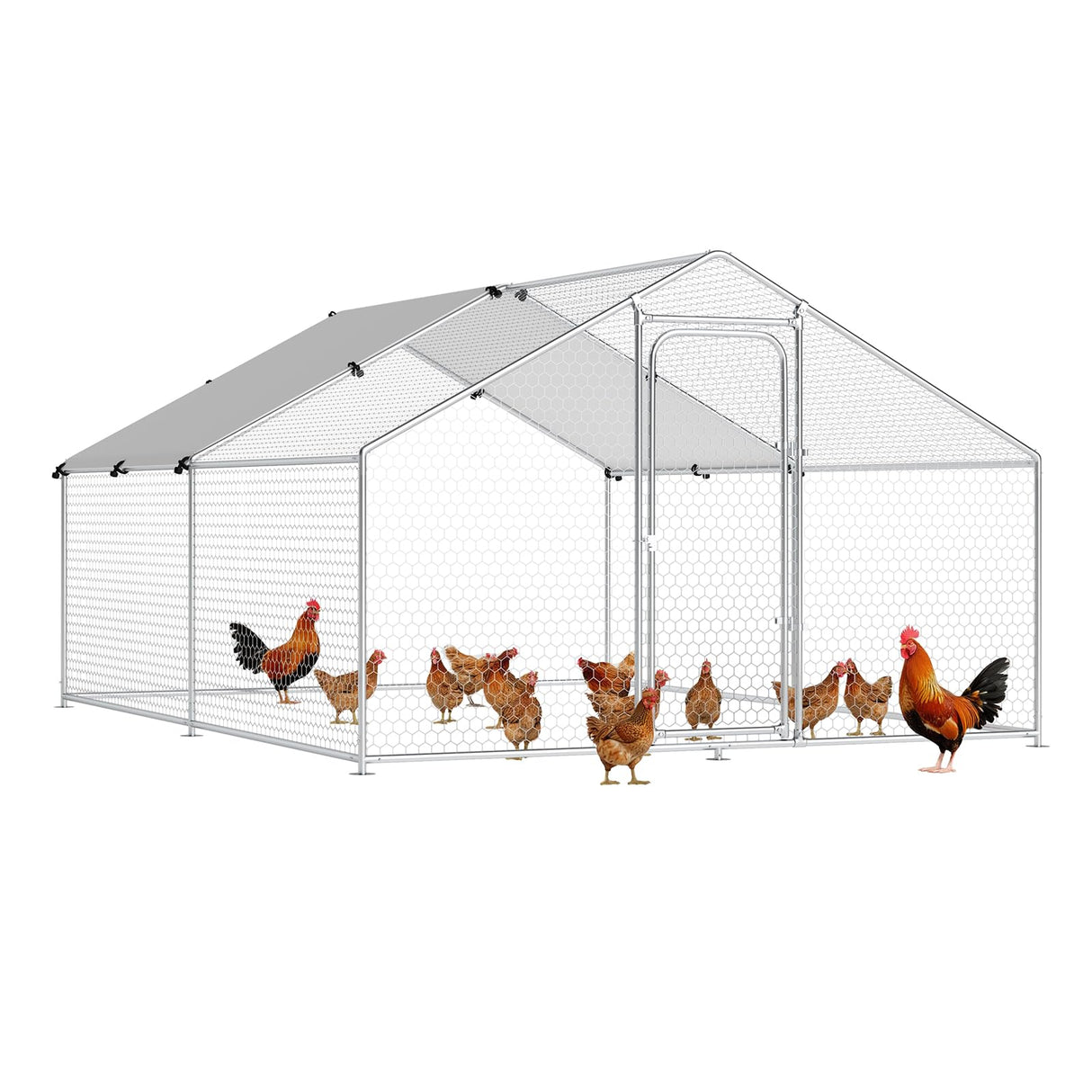 Chicken Coop Large Metal Chicken Run Poultry Cage with Water-Resident and Anti-UV Cover for Duck Rabbit House Outdoor Walk-in Chicken Pen for Yard, Spire Roof(10’ W x 13.2’ L x 6.4’ H) HIWOKK