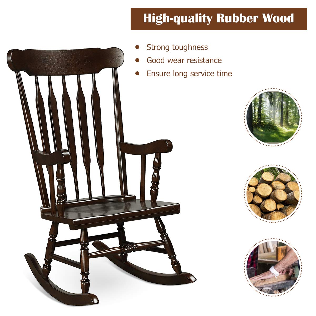 Tangkula Patio Rocking Chair Solid Wood, Outdoor Porch Rocker Chair with Rubber Wood Frame, Indoor Wooden Rocking Chair, Ideal for Garden, Backyard & Balcony (1, Espresso) Tangkula