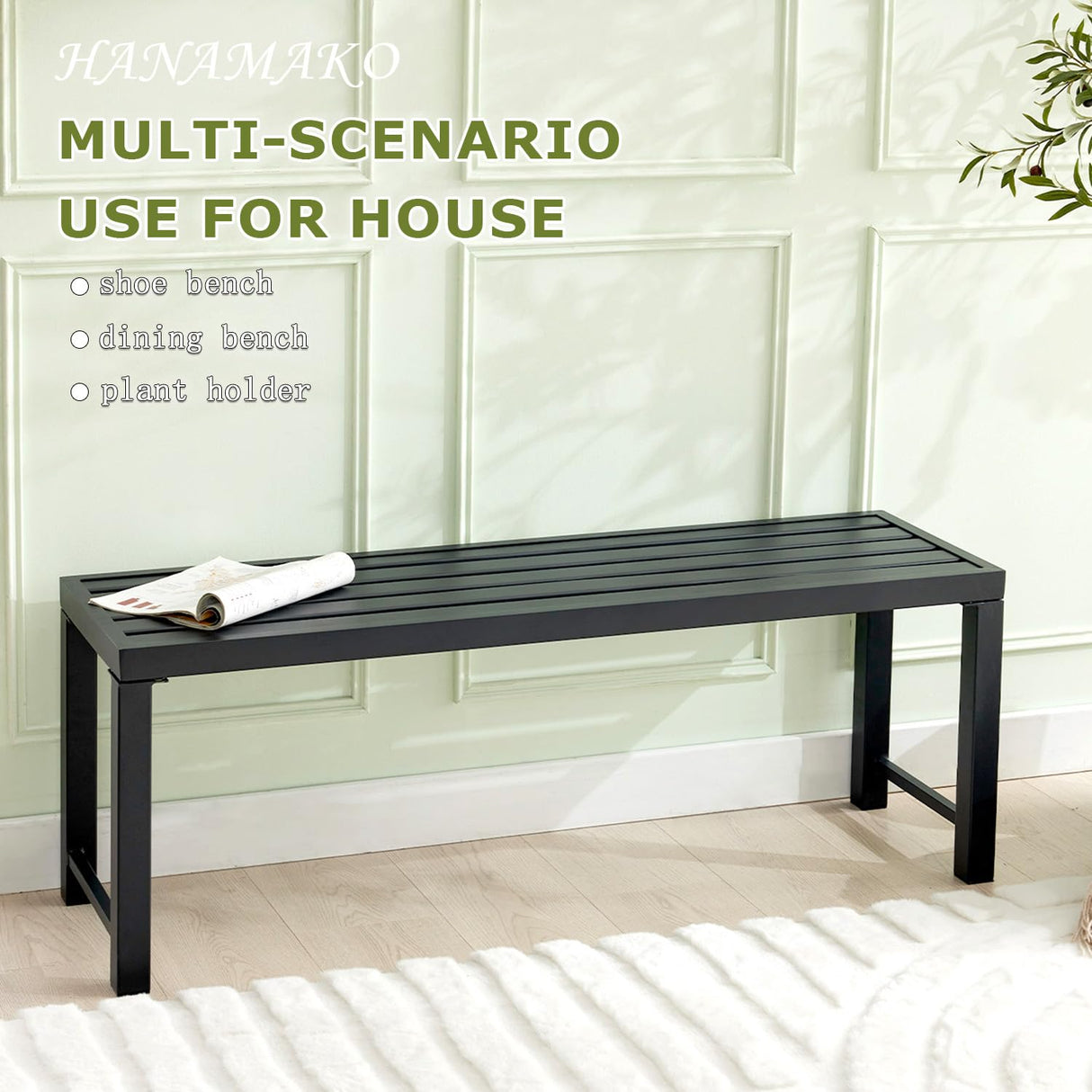 Hanamako Outdoor Metal Backless Bench Weatherproof Patio Bench with Slatted Seat, All-Weather Garden Bench for Porch, Patio, Lawn and Backyard, Black Hanamako