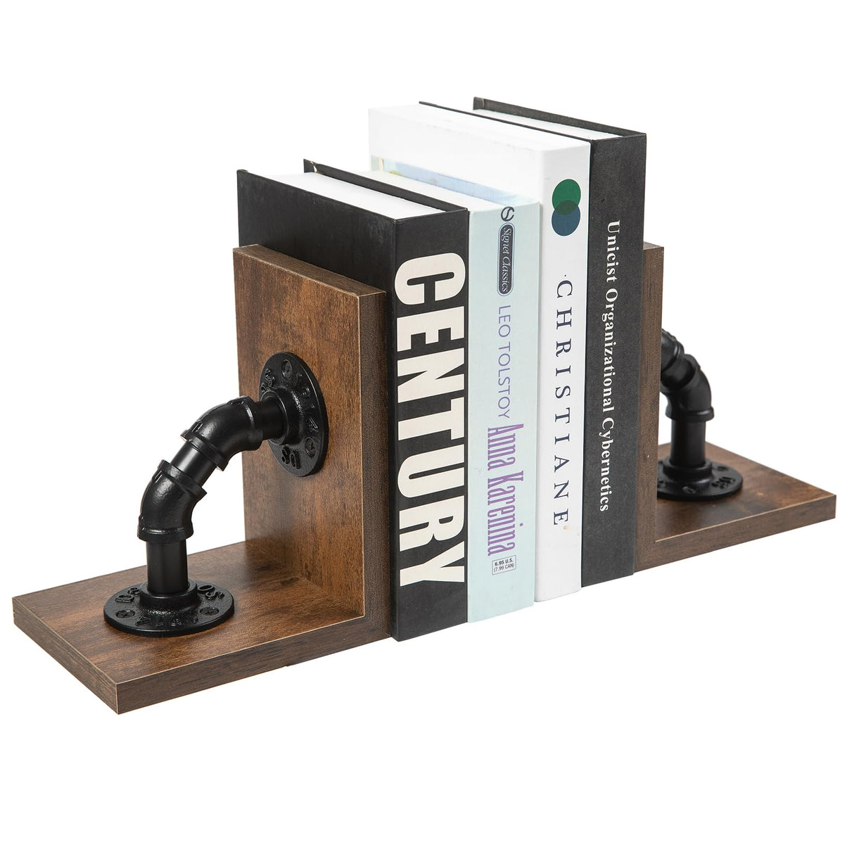 Rustic Decorative Wooden Tabletop Farmhouse Bookends for Heavy Books with Modern Industrial-Style Pipe Office Desktop Bookshelf Organizers Stoppers Holder Nonskid Shelf Decor 1-Pair (Dark Brown) canwedance