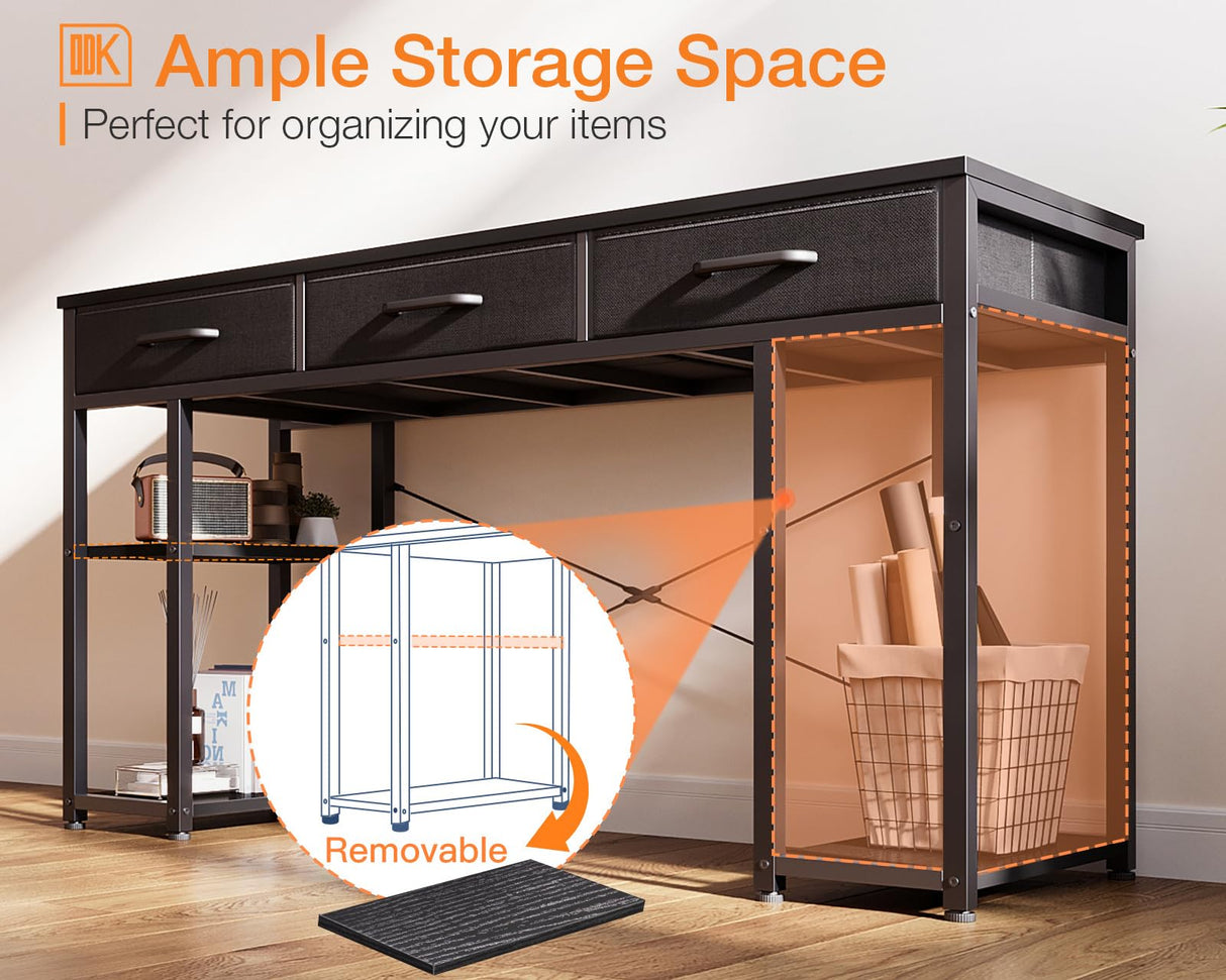 ODK Office Small Computer Desk: Home Table with Fabric Drawers & Storage Shelves, Modern Writing Desk, Black, 48"x16" ODK