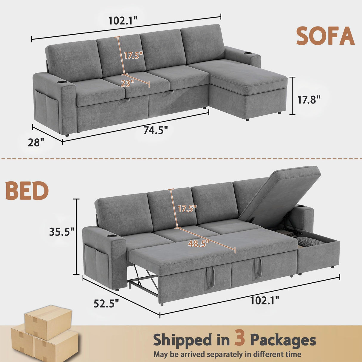 wanan 103" Sleeper Sofa, L-Shaped Sectional Sofa Bed with Storage Chaise, Reversible 2 in 1 Pull Out Couch with Cup Holders and Side Pockets for Living Room, Easy Assembly (Wool Blend, Grey) wanan
