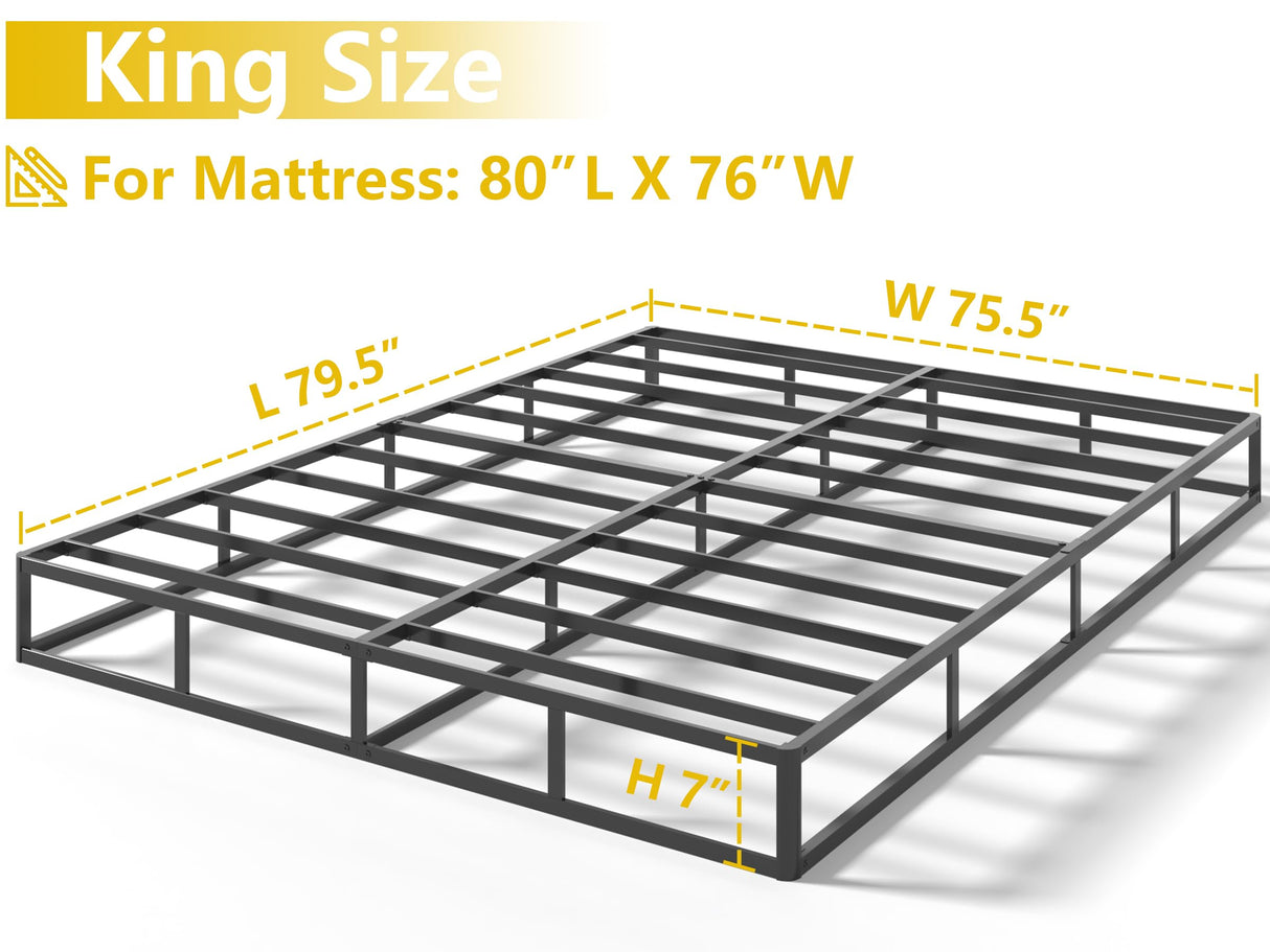 Qingzhou Box Spring King Bed Bases, 7 Inch High Metal King Size Box Spring Only, Heavy Duty Mattress Foundation with Fabric Cover, Easy Assembly, Quiet Noise Free, Non Slip, Black Qingzhou