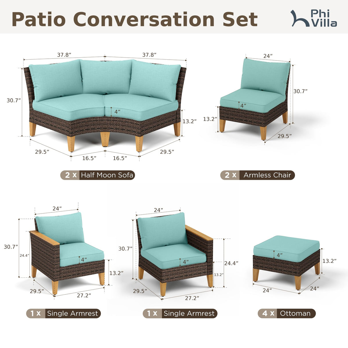 PHI VILLA 10-Piece Wicker Patio Furniture Set, Outdoor Half-Moon Curved Sectional Sofa with 4 Ottomans, 2 One Armrest Seats, 1 Armless Sofa, Large Conversation Seating for Garden or Backyard,Aqua Blue PHI VILLA