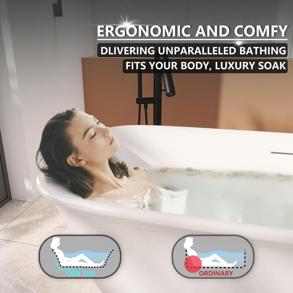 Adecab 59" Acrylic Freestanding Bathtub, Soaking Tub for Bathroom, Stand Alone Tub, cUPC Certified, Integrated Overflow and Drain, Gloss White ADECAB