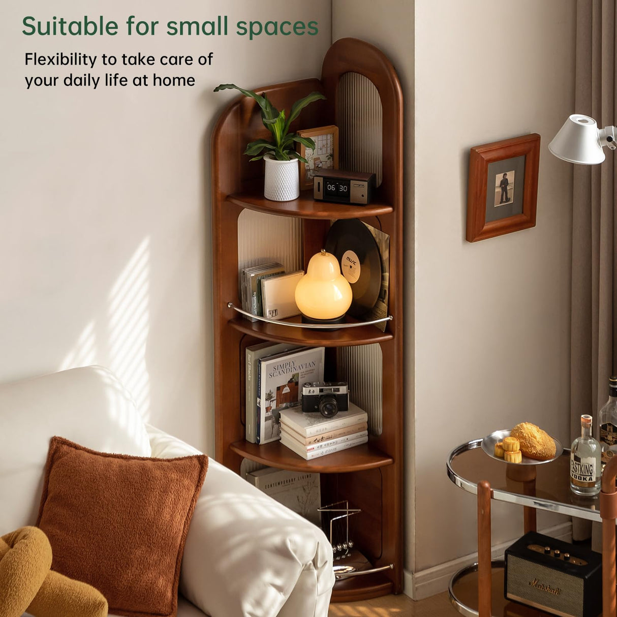 Wayshome 4-Tier 100% Solid Wood Corner Bookshelf, 64” Tall Mid Century Modern Corner Shelf Display, Open Storage Bookcase for Home Offie, Living Room (Poplar Wood) Wayshome