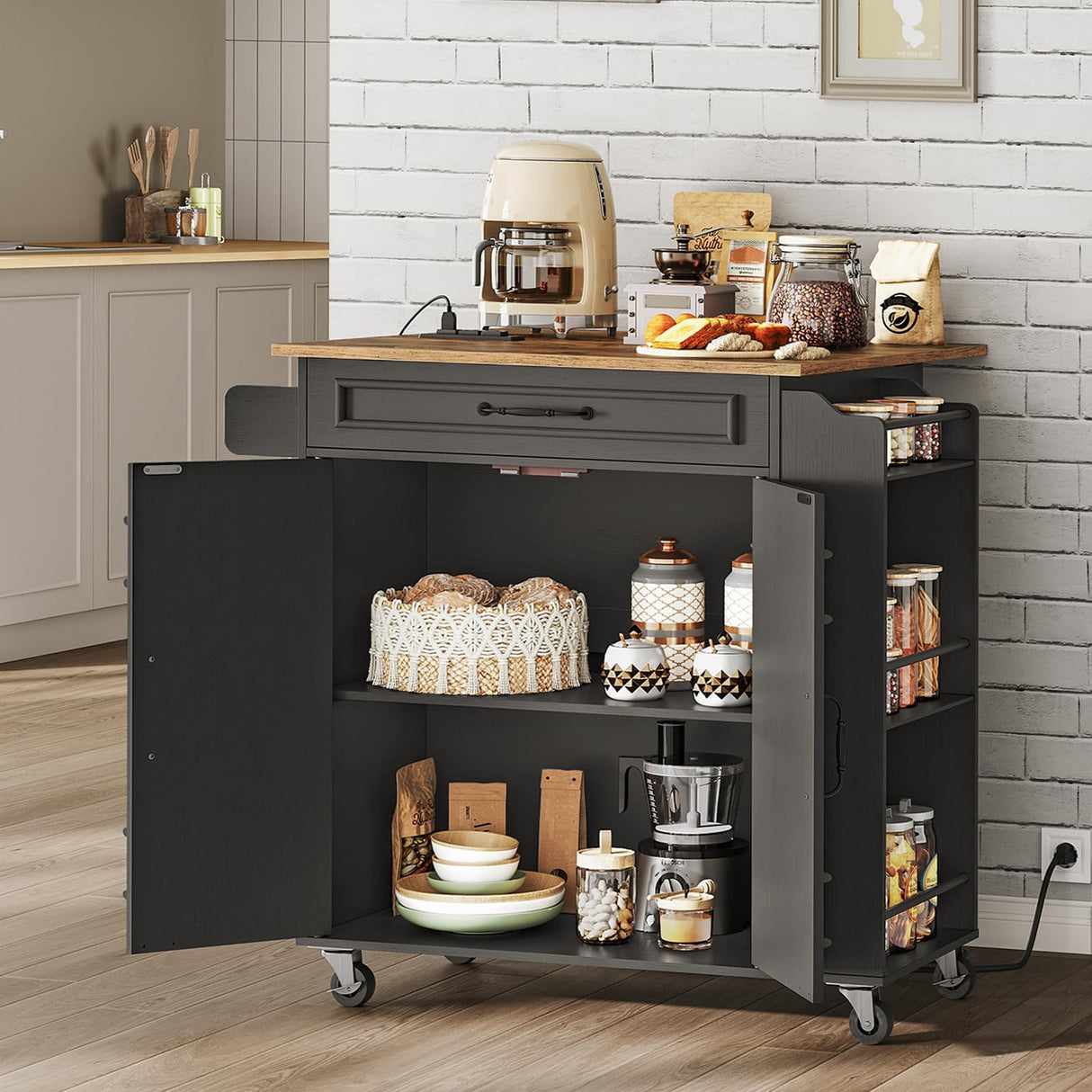 RALGEND Kitchen Island with Power Outlets & Drop Leaf, Rolling Kitchen Cart on Wheels, Kitchen Storage Island with Spice Rack and Drawer for Kitchen, Dinning Room, Black and Rustic Brown RALGEND