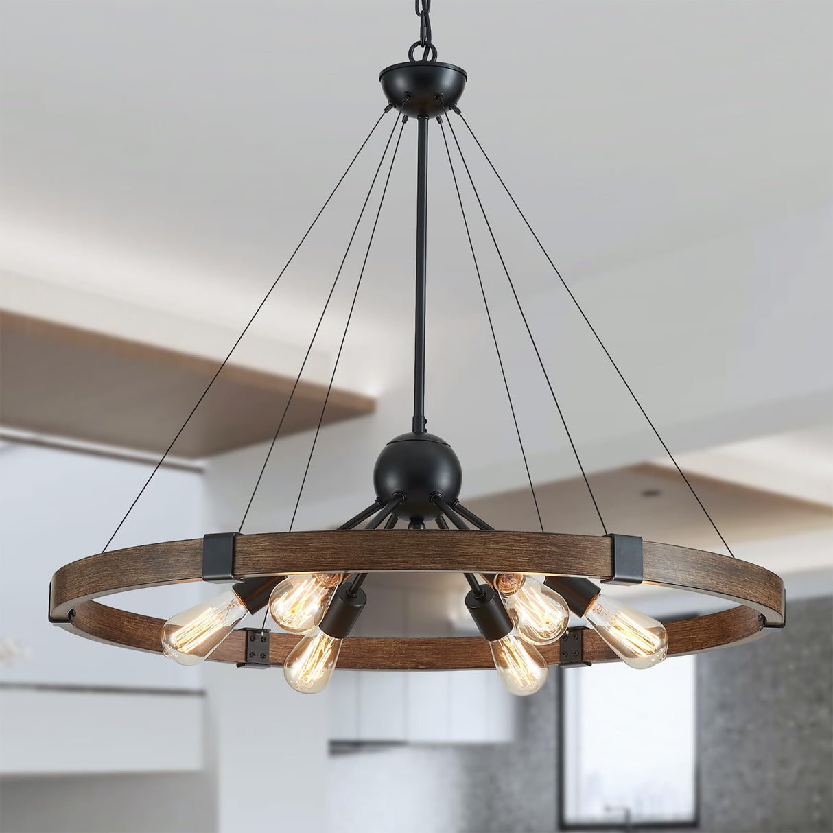 XINGQI 31.5" Wagon Wheel Chandeliers Large Modern Farmhouse Light Fixture, Black & Wood Grain Finish 6-Light for Dining Room Living Room Office XINGQI