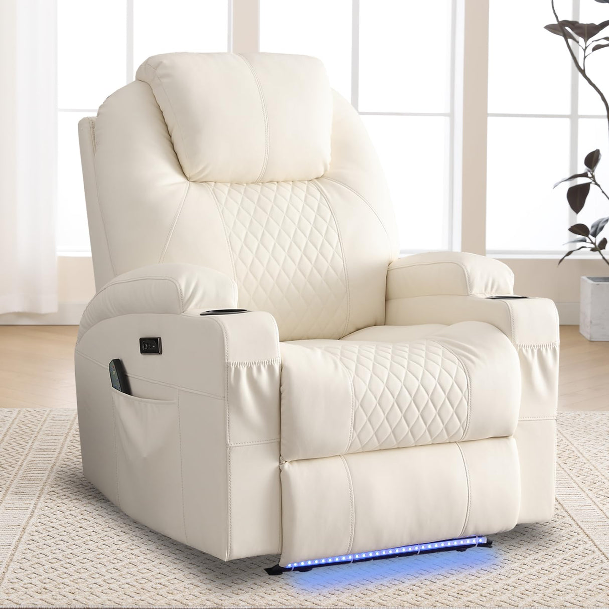 Power Recliner Chair with Heat and Massage for Adults - Home Theater Seating with LED Lights,Cup Holders,Side Pocket,USB Port - Recliner Sofa for Living Room (Beige, Single Recliner) WISHDEER