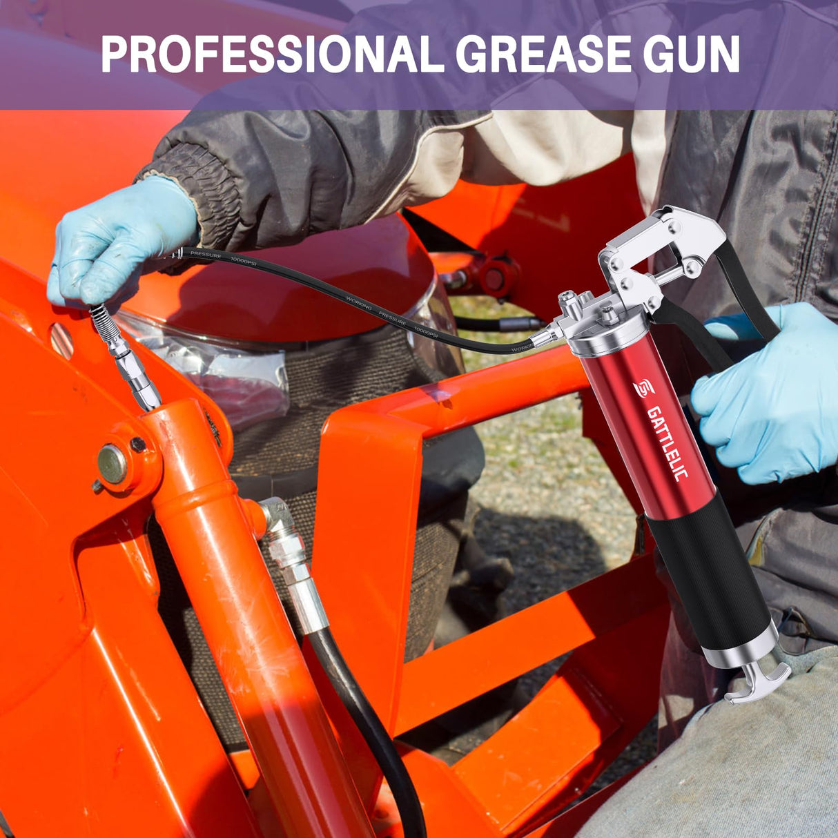 GATTLELIC 8000 PSI Heavy Duty Grease Gun Kit - 14oz with Flex Hose, Sharp Nozzle, Extension Pipe & Coupler, Red GATTLELIC