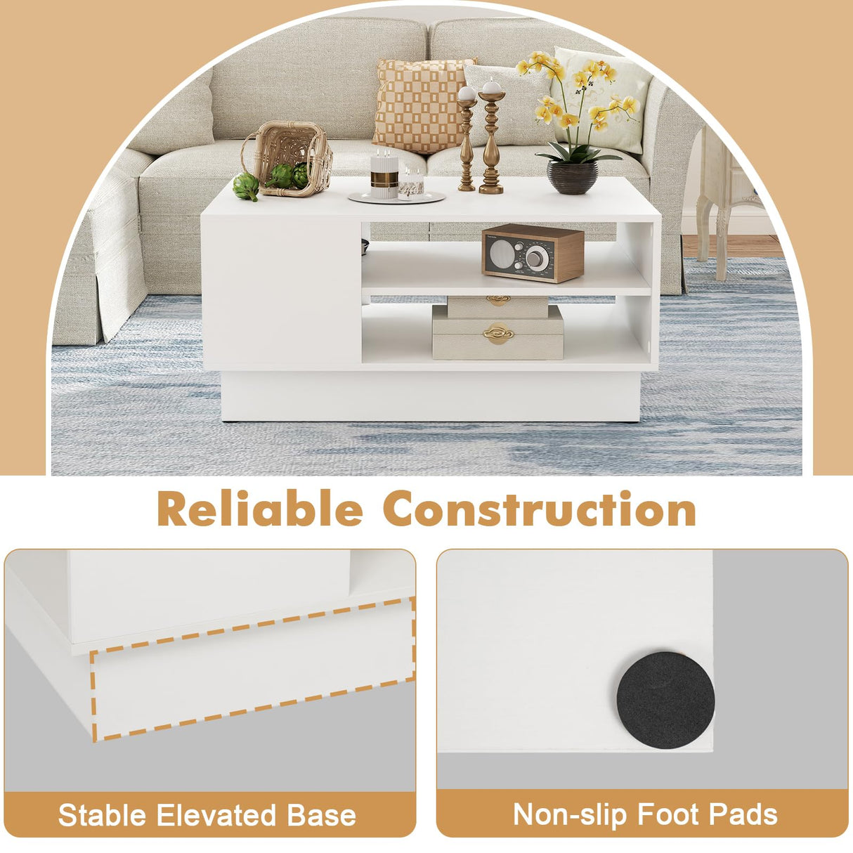 Giantex Coffee Table with Storage, Rectangle Accent Sofa Table with Shelf & Elevated Base, 2-Tier Modern Cocktail Table, Geometric Center Table for Living Room, Reception Room, Lounge, White Giantex