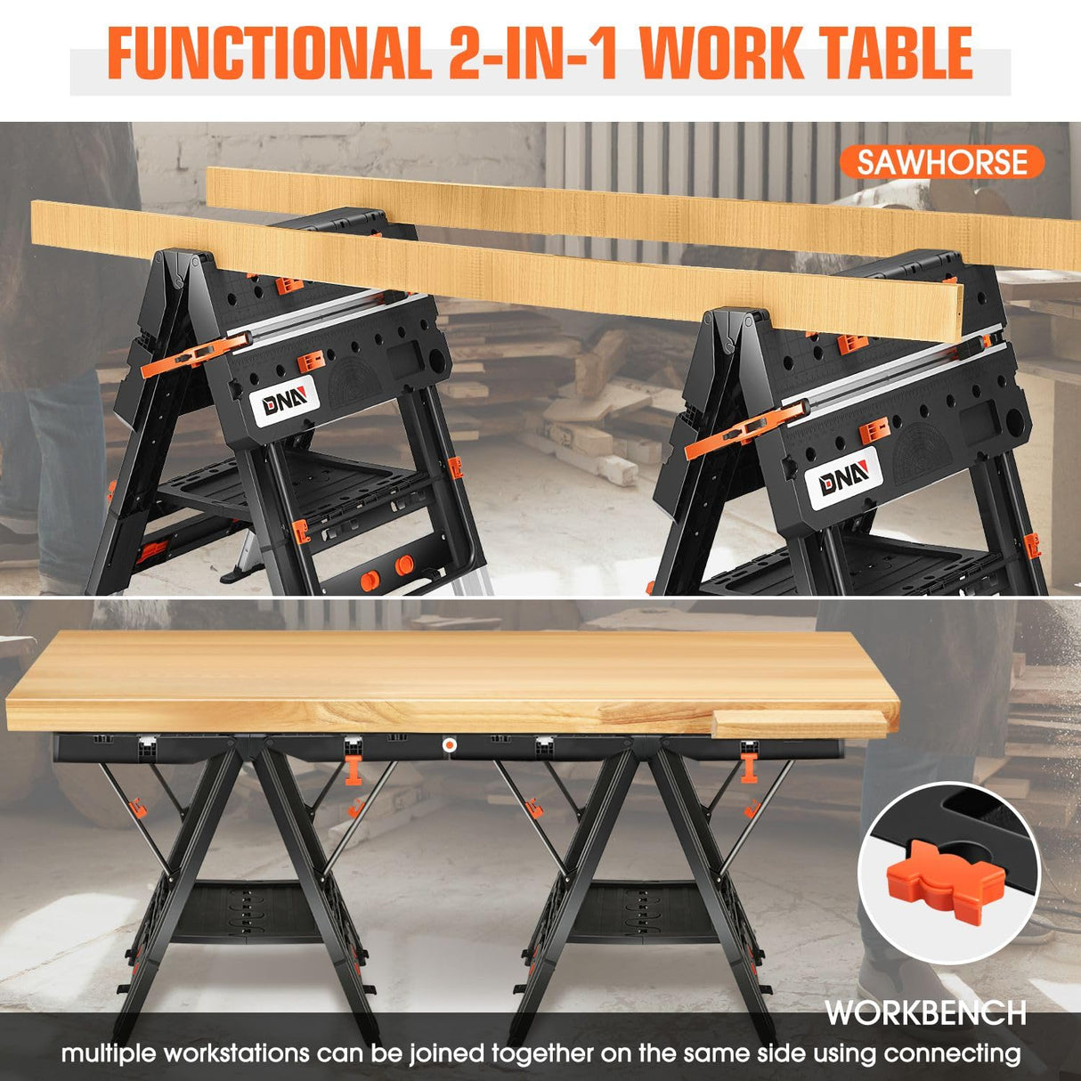 DNA MOTORING 2 in 1 Portable Workbench, Heavy-Duty Load Capacity Folding Table & Sawhorse, 31" Lx 25" W Lightweight Design Folding Work Table, w/ 2pcs Clamps, TOOLS-00712 DNA MOTORING
