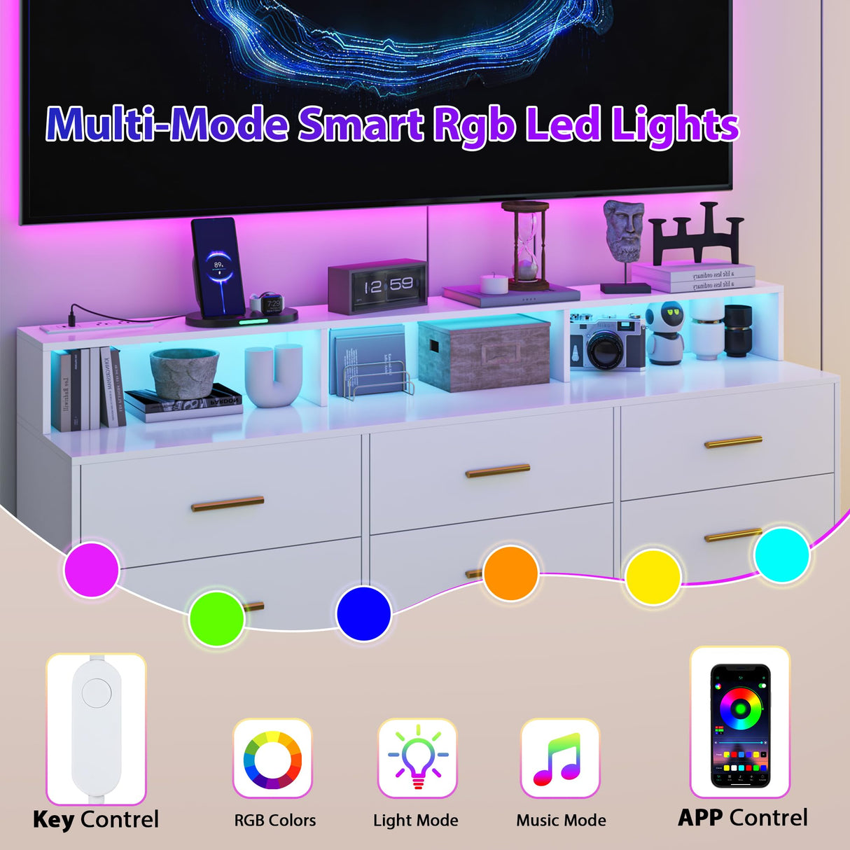 UNIQUITE White 9 Drawer Dressers for Bedroom, Modern Large Dresser with LED Light and Power Outlet, Wooden Long Dresser for Bedroom, Entryway, Living Room UNIQUITE