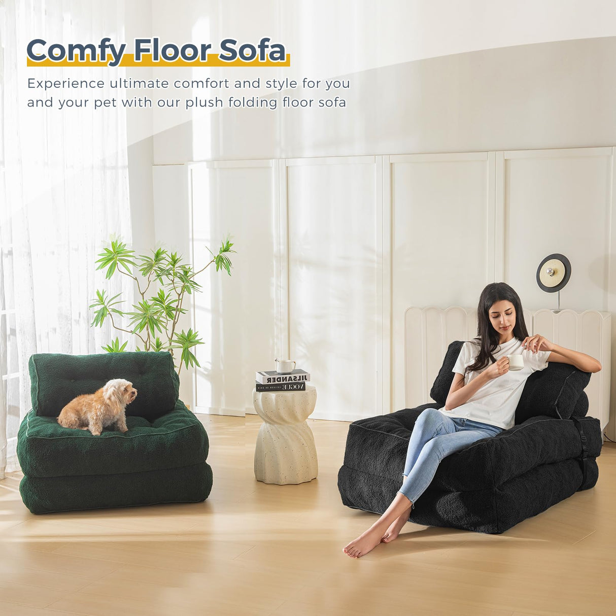 MAXYOYO Folding Sofa Bed, Convertible Sleeper Chair with Pillow Foldable Mattress with Back Support, Portable Fold Out Sofa Couch Fuzzy Fabric Comfy Floor Sofa Lounge for Living Room Apartment, Black MAXYOYO