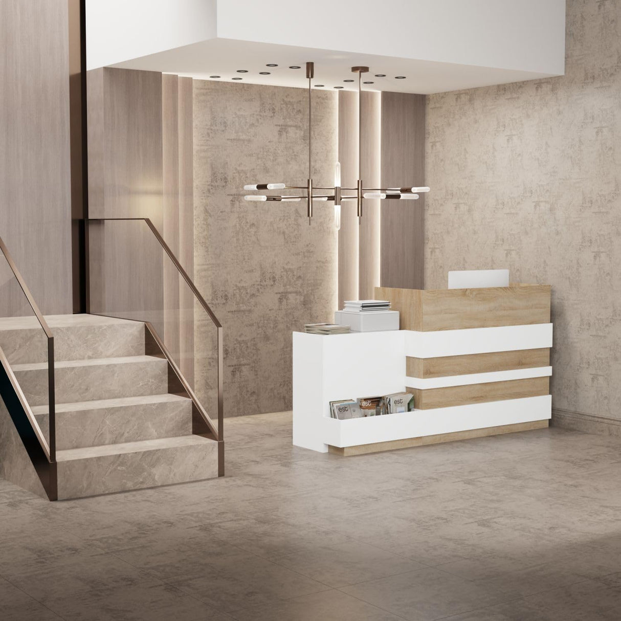 FAMAPY Reception Desk with Drawer & Cabinet, Reception Counter Desk with Keyboard Tray, Front Reception Table Retail Counter for Checkout, for Office Store, Oak and White, 25.2”D x 87.2”W x 47.2”H FAMAPY