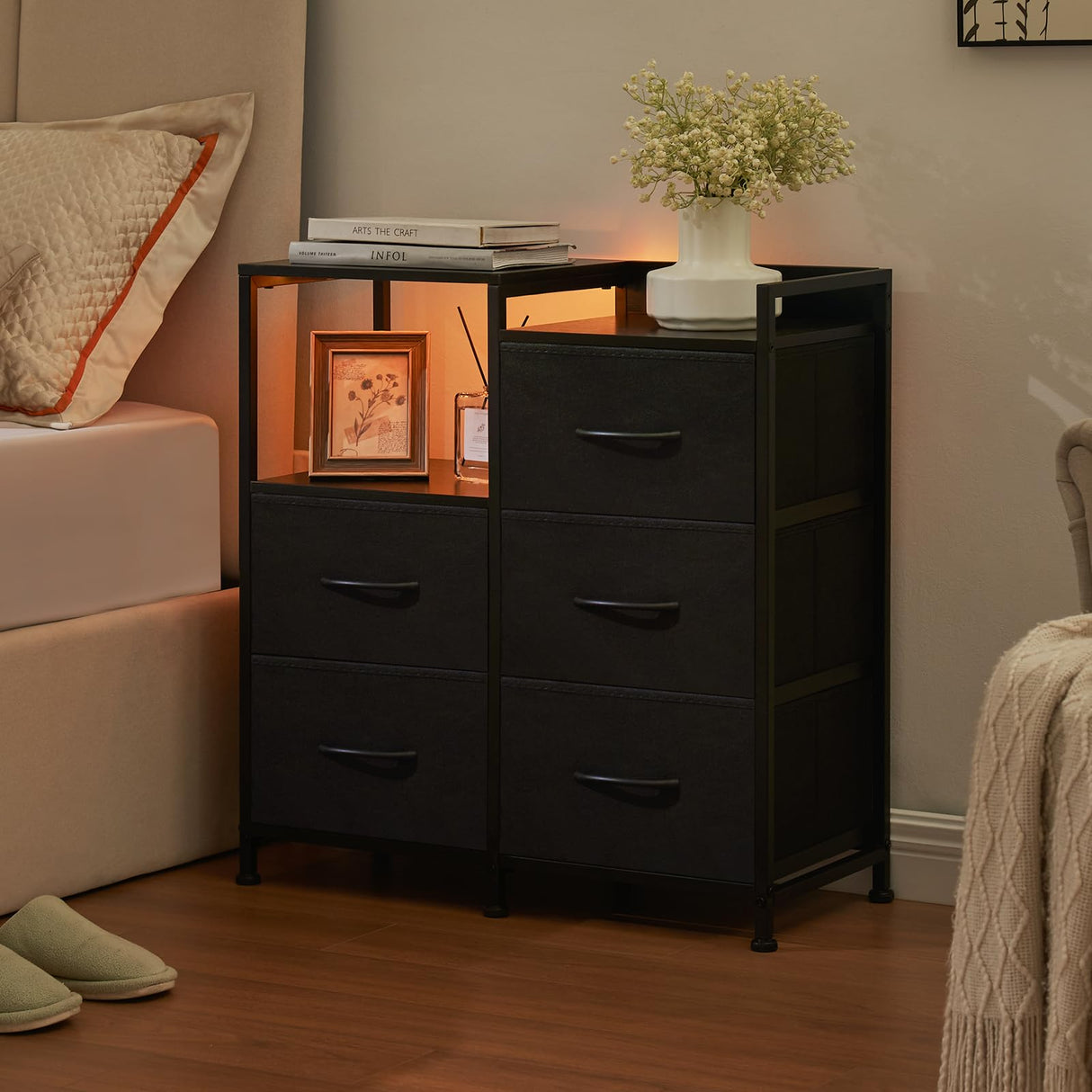 Somdot Black Nightstand with Charging Station and LED Light, Wide 5 Drawers Dresser for Bedroom with Fabric Bins and Open Shelf for Bedroom Kids Closet Dorm Guest Room, Black Somdot