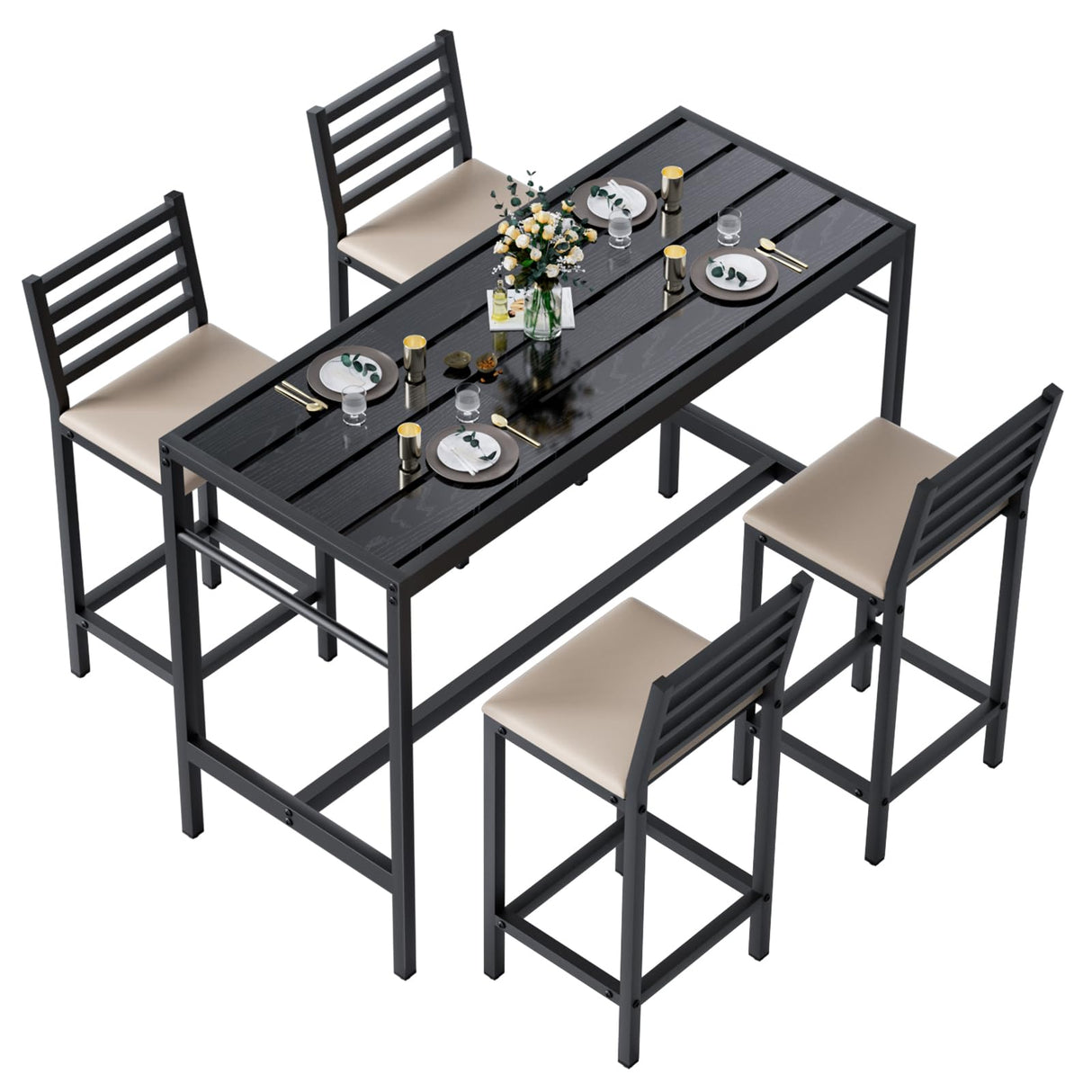 Gaonala 5 Piece Outdoor Patio Bar Set, 50" Rectangular Counter Height High Top Bar Table Patio Bar Set, 4 Cushioned 41" Bar Stools Modern Metal Outdoor Bar Set for Poolside, Balcony, Backyard, Porch Gaonala