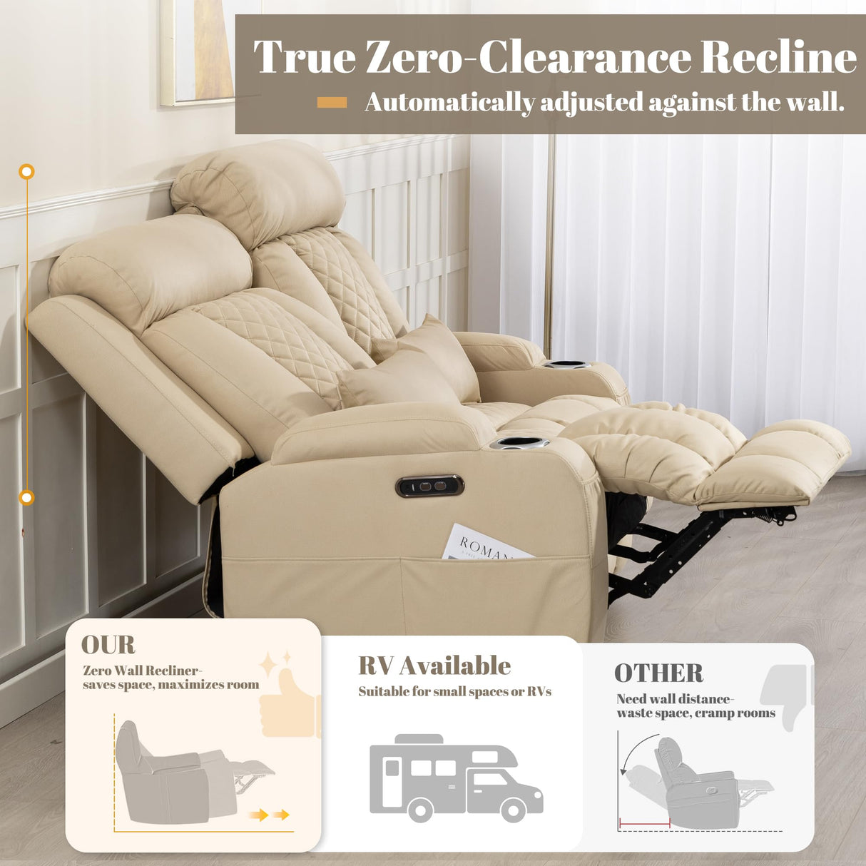 Neptane Zero Wall Hugger Power Reclining Loveseat with Adjustable Headrest, Power Loveseat Recliner Sofa with USB&Type-C Ports, Wall Hugger Loveseat Recliner for Living Room(Beige, 2 Seater) Neptane
