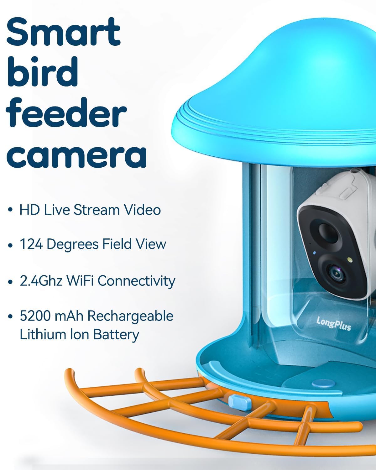 LongPlus® Smart Bird Feeder with Camera, Bird Feeders Camera Wireless Outdoor with Solar Powered,AI Identify,Smart Bird Camera Auto Capture Videos,Instant Notification,Ideal Gift for Mom Bird Lovers LongPlus