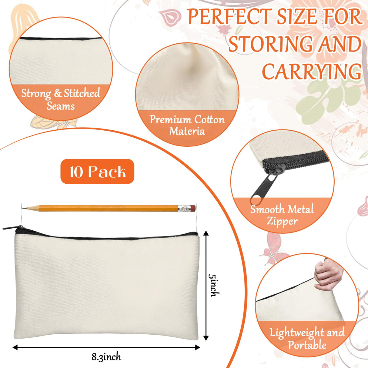 Legigo 10 Pack Blank DIY Craft Case Blank Makeup Bags- Beige Canvas Pencil Pouch Bulk Cosmetic Bag Multi-Purpose Travel Toiletry Zipper Bags (8.3 × 5 Inch) Legigo