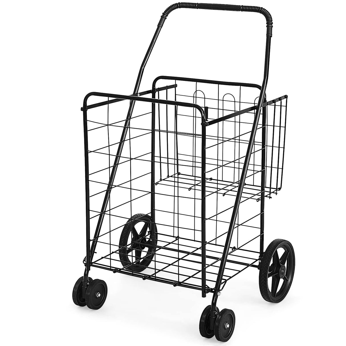 Goplus Jumbo Folding Shopping Cart with Rolling Swivel Wheels, Foldable Grocery Cart on Wheels with Double Basket, Heavy Duty Utility Cart, Shopping Carts for Groceries Laundry Book Luggage Travel Goplus