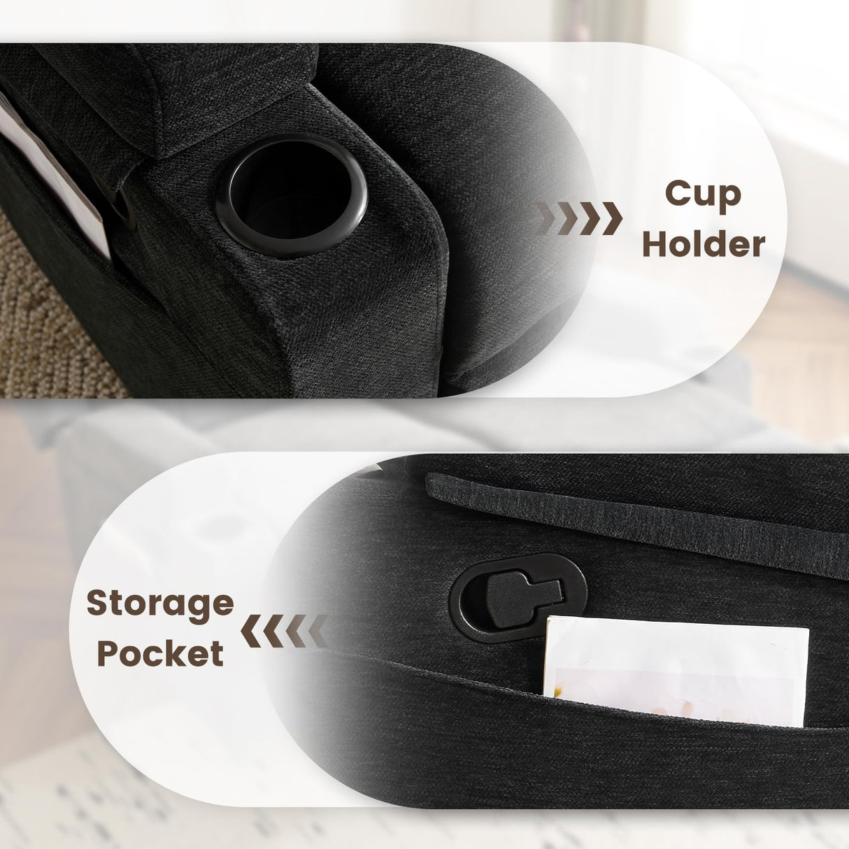 PALLOME Manual Reclining Loveseat Sofa, 2-Seater Recliner Couch with Cup Holders, Fabric Reclining Sofa for Living Room/RV (Black) PALLOME