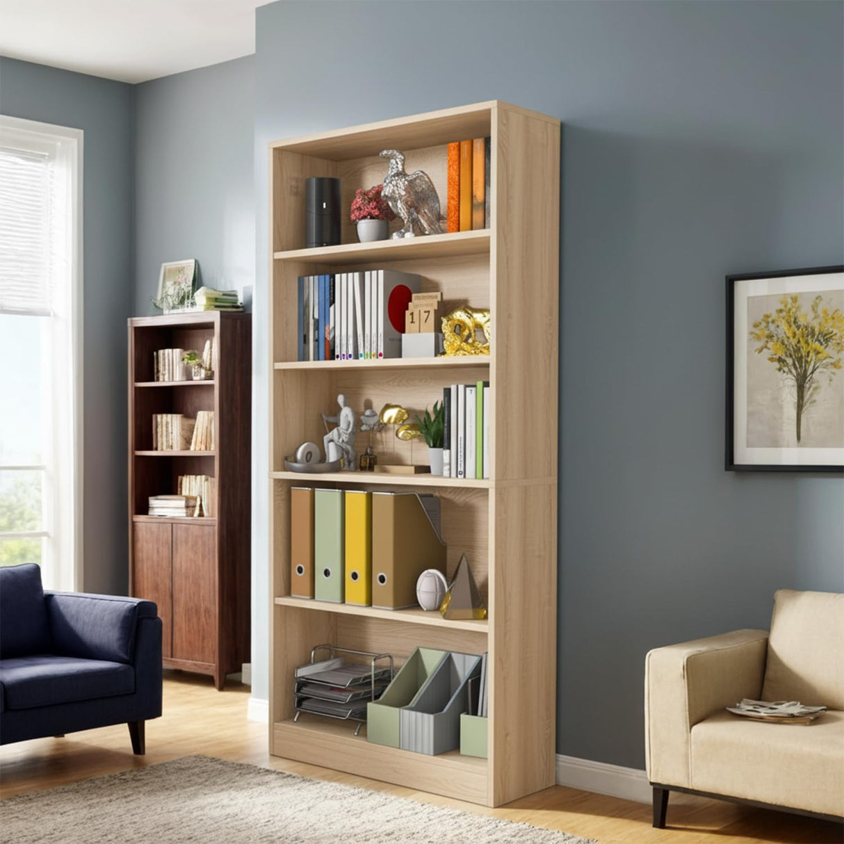 holzart 71" Tall Book Shelf, 5 Tier Large Bookshelf, Standing Wood Display Book Shelf for Living Room, Office, Library with Doors, 31.5" W x 70.87" H x 11.81" D, Oak holzart