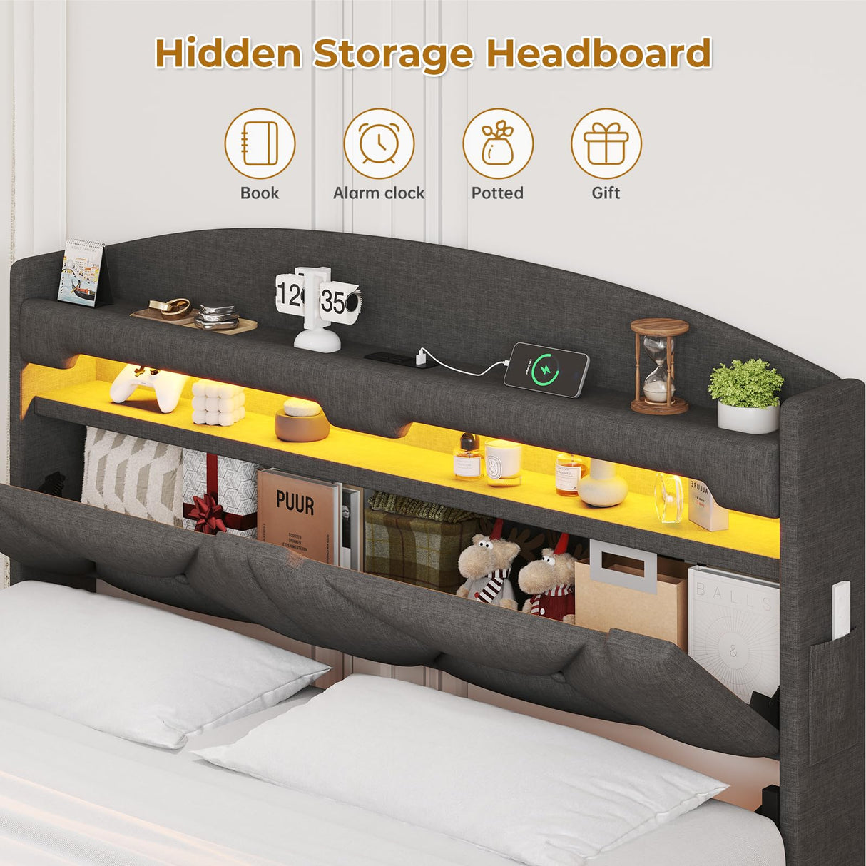 BTHFST Dark Grey Floating Queen Bed Frame with Charging Station, Hidden Storage, and RGB Lighting BTHFST