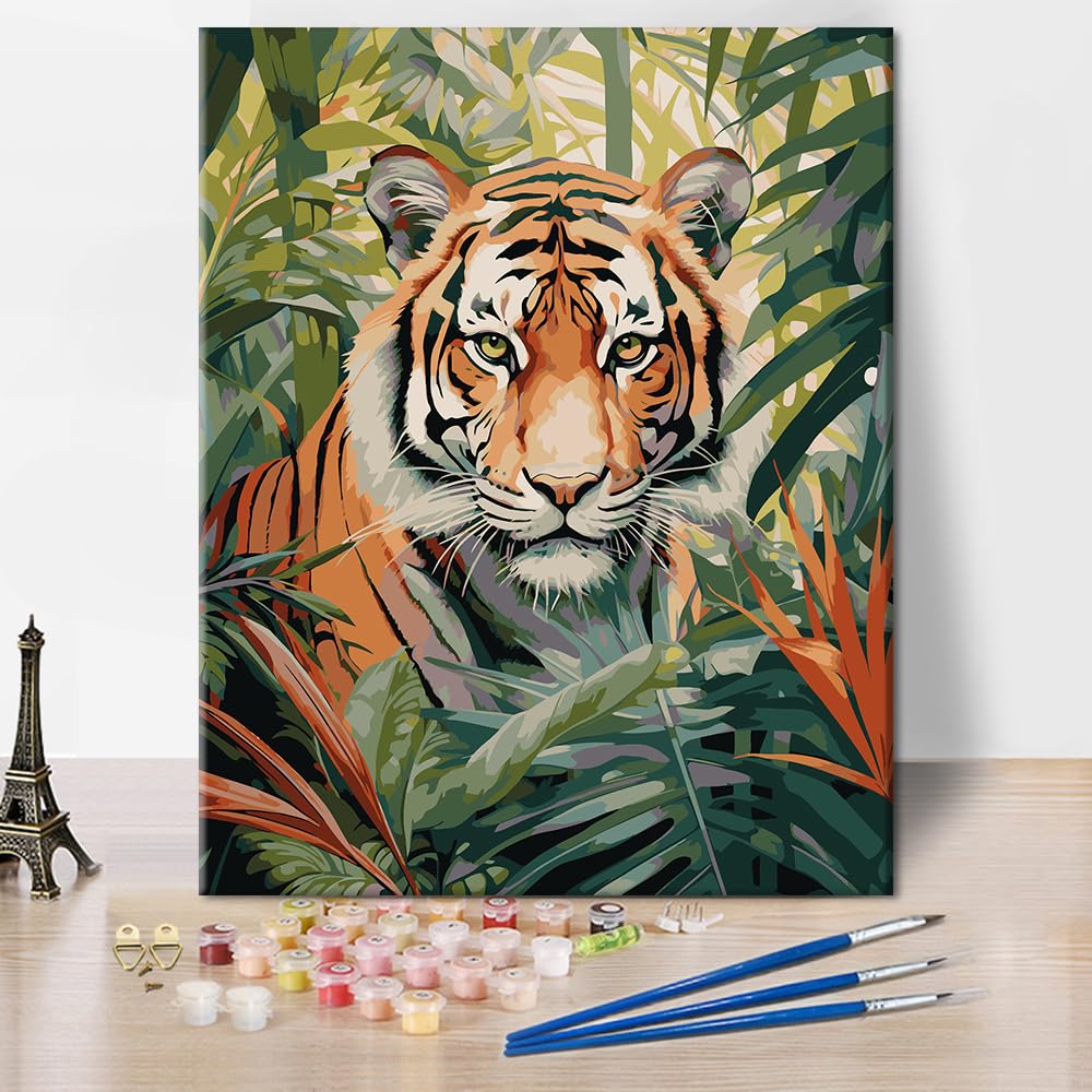 Animal Paint by Numbers Modern Adult Beginner Painting Art DIY Tiger Forest Beast Paint by Numbers Tropical Rainforest Painting Art Lady Men Living Room Bedroom Wall Art Decoration 16x20 in Rebotipy