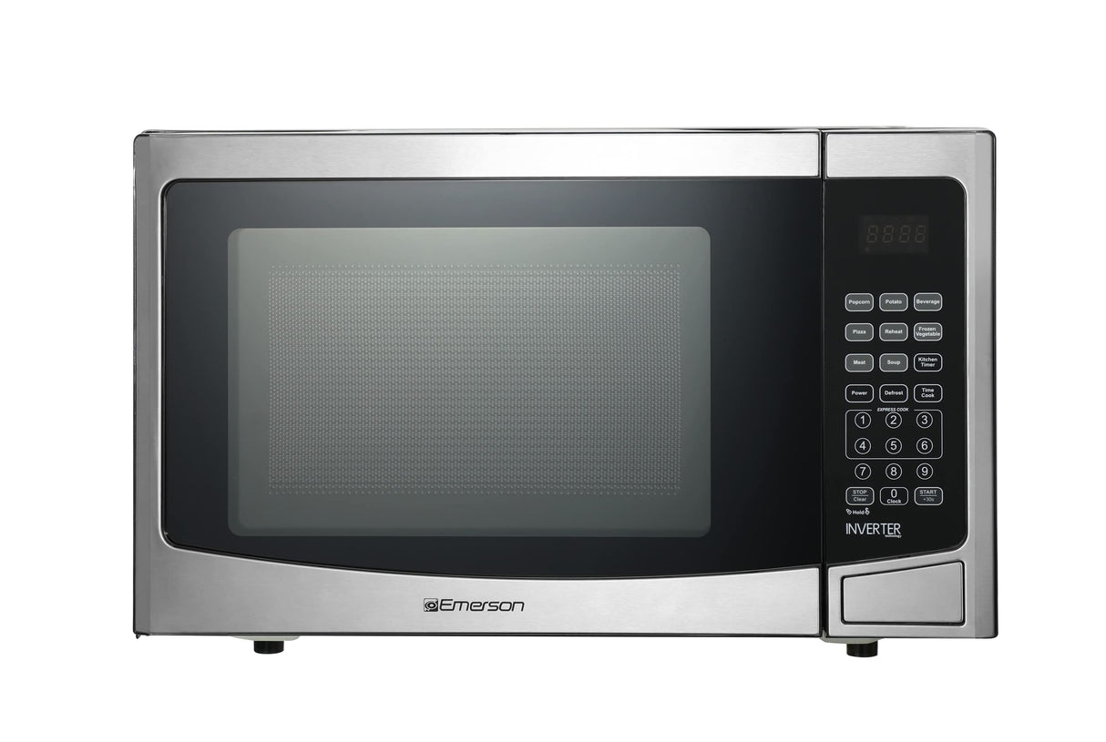 Emerson MWI1212SS Countertop Microwave Oven with Inverter and Button Control, LED Display 1000W 10 Power Levels, 8 Auto Menus, Glass Turntable and Child Safe Lock, 1.2 Cu. Ft, Stainless Steel Emerson