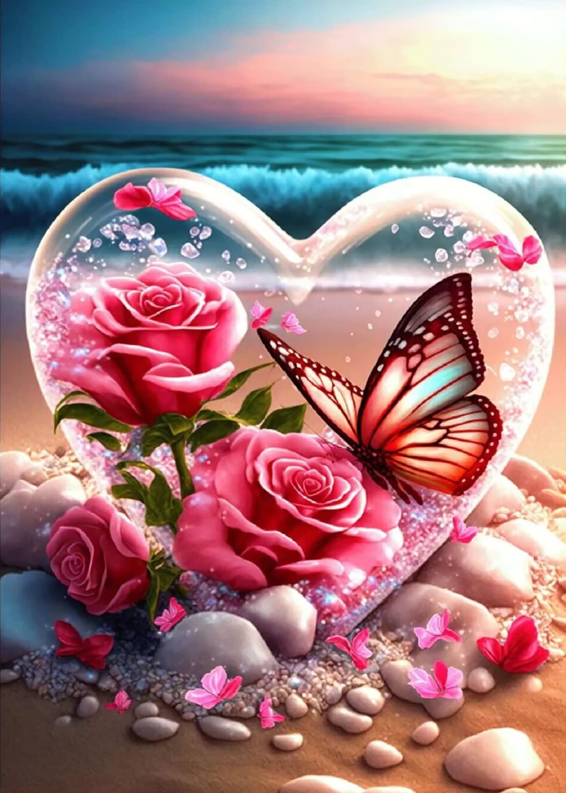 KINPLUB Beach Diamond Painting Kits for Adults, Flowers Heart Diamond Art Kits, 5D DIY Full Drill Seaside Butterflies Paint with Diamonds, Crystal Gem Art for Home Wall Decor 12 x 16 Inch KINPLUB