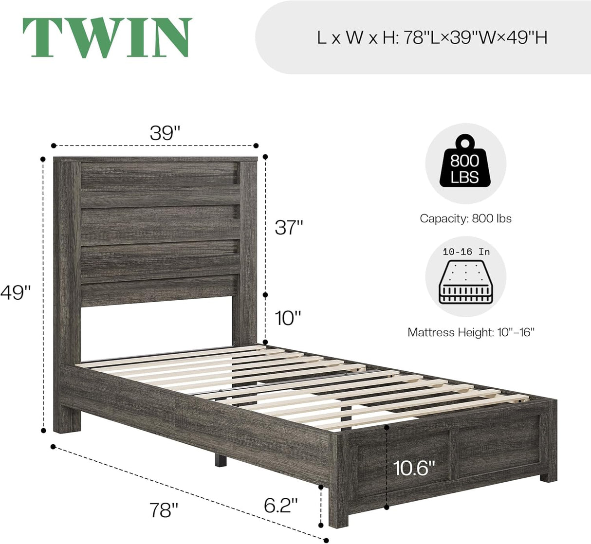 AMERLIFE Farmhouse Twin Platform Bed Frame with 49" Fluted Headboard, Wooden Bed with Natural Grain Finish, Noise-Free, No Box Spring Required, Easy Assembly, Grey AMERLIFE