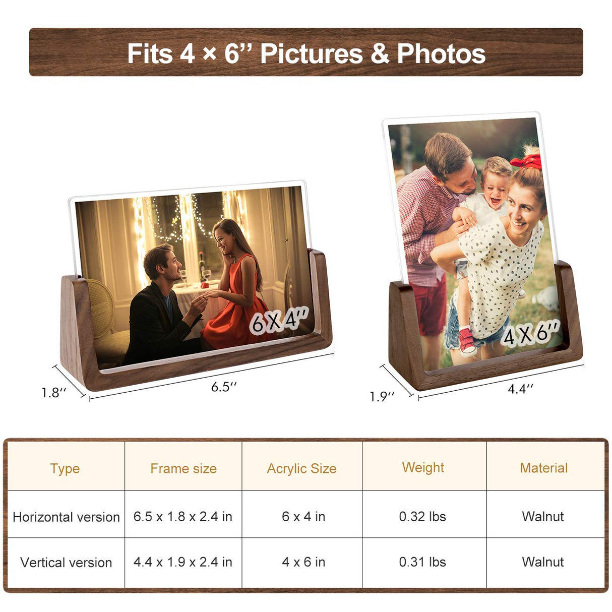 Mixoo 4x6 Wood Photo Picture Frame 2 Pack - Rustic Wooden Picture Frame with Walnut Wood Base and High Definition Break Free Acrylic Covers for Tabletop or Desktop Display (Horizontal + Vertical) Mixoo