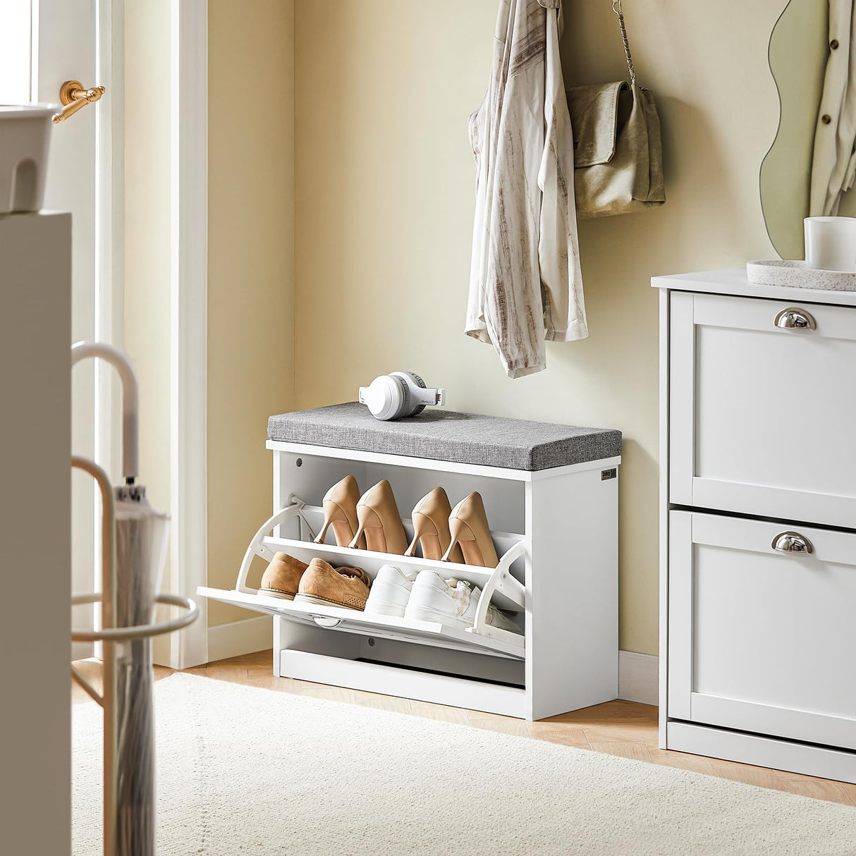 Haotian Small Shoe Storage Bench with Cushion, White Narrow Shoe Rack for Entryway, Small Shoe Cabinet with 2 Tiers Flip-Drawer, FSR195-K-W Haotian