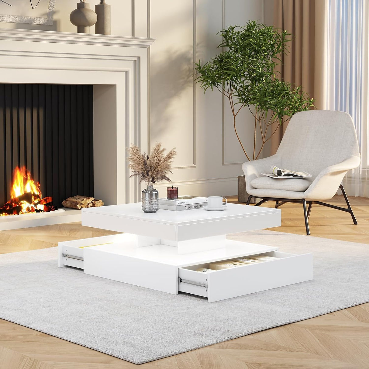 LED Coffee Table for Living Room with Storage - High Glossy Modern White Center Table with 2 Drawers, Square Wooden Middle Table with 16-Color Lights 31" x 31" x 14.6" (White) FKWin