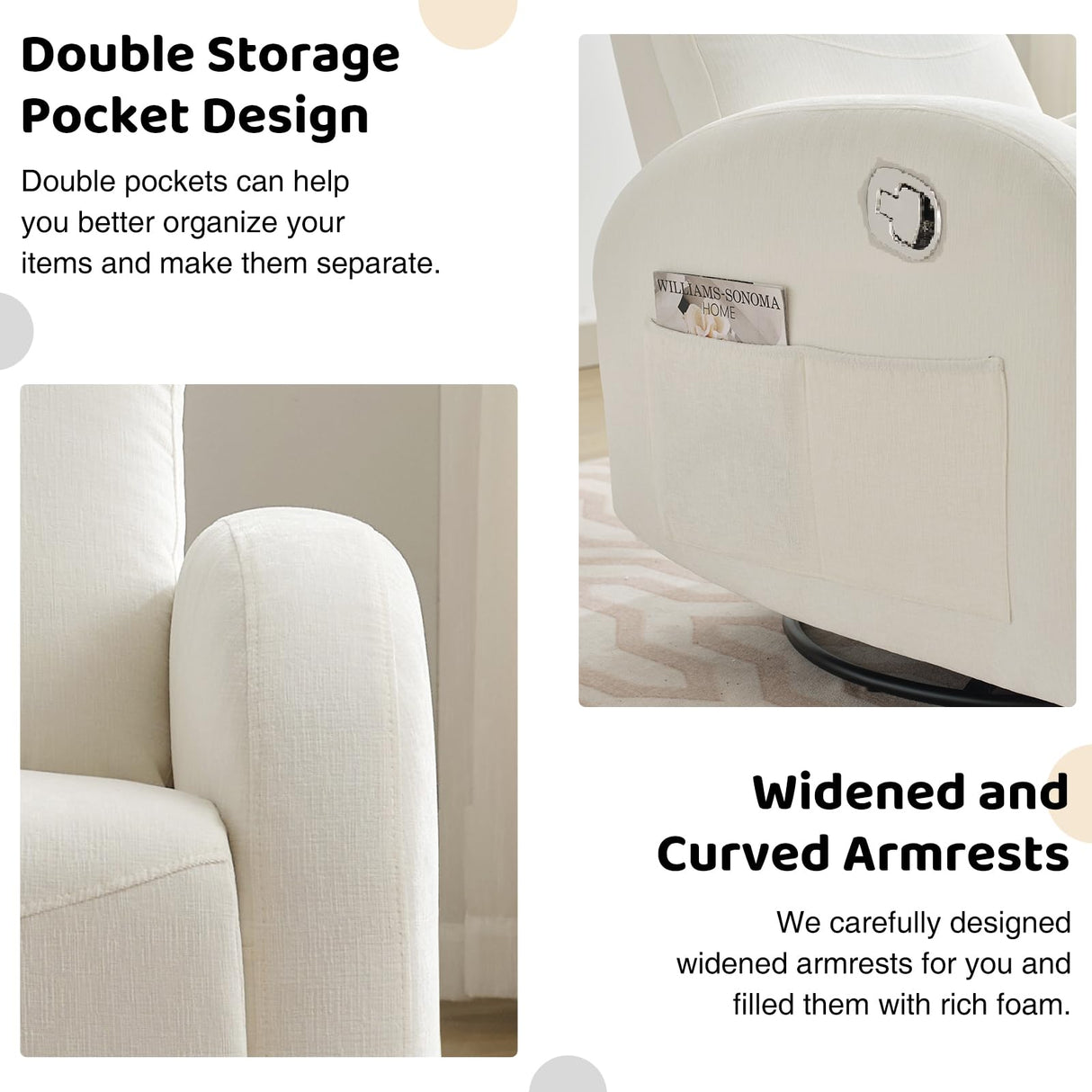 BaseBeauty Glider Nursery Recliner Chair, Swivel Rocker Recliner Glider Chair with 2 Pockets, Rocking Recliner Nursery Chair, Manual Recliners for Living Room, Bedroom, Cream White Chenille BaseBeauty