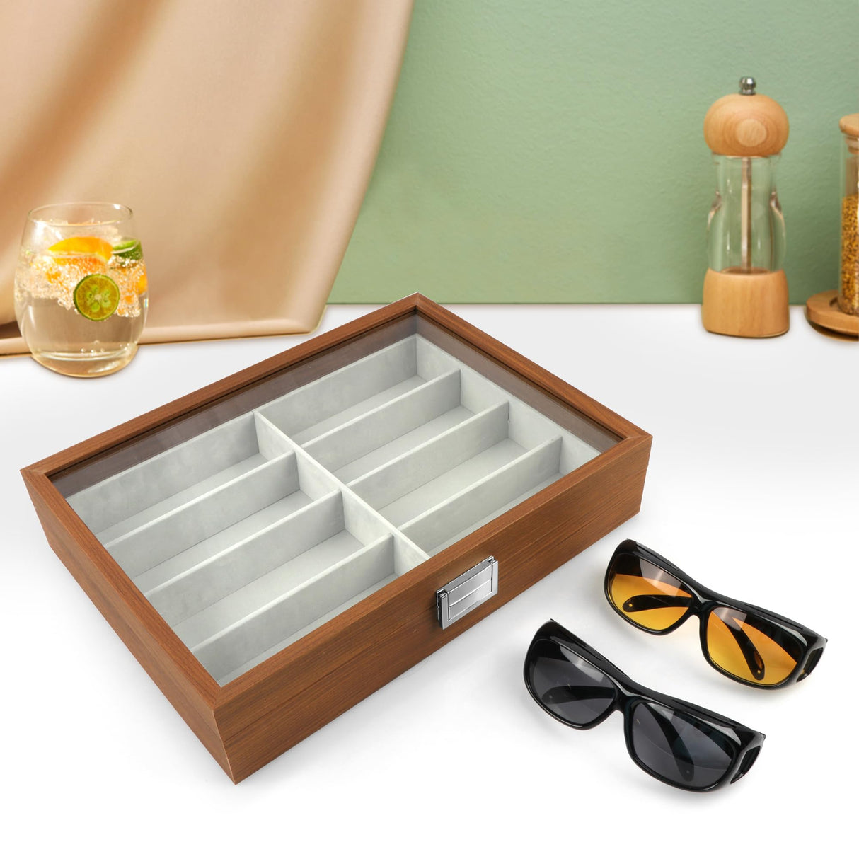 Homeanda Wooden Color 8 Grids Glasses Eyeglasses Case Sun Glasses Holder Eyewear Organizer Sunglasses Box Glasses Case Tray Glasses Display Showcase Organizer Jewelry Tray with Cover Homeanda
