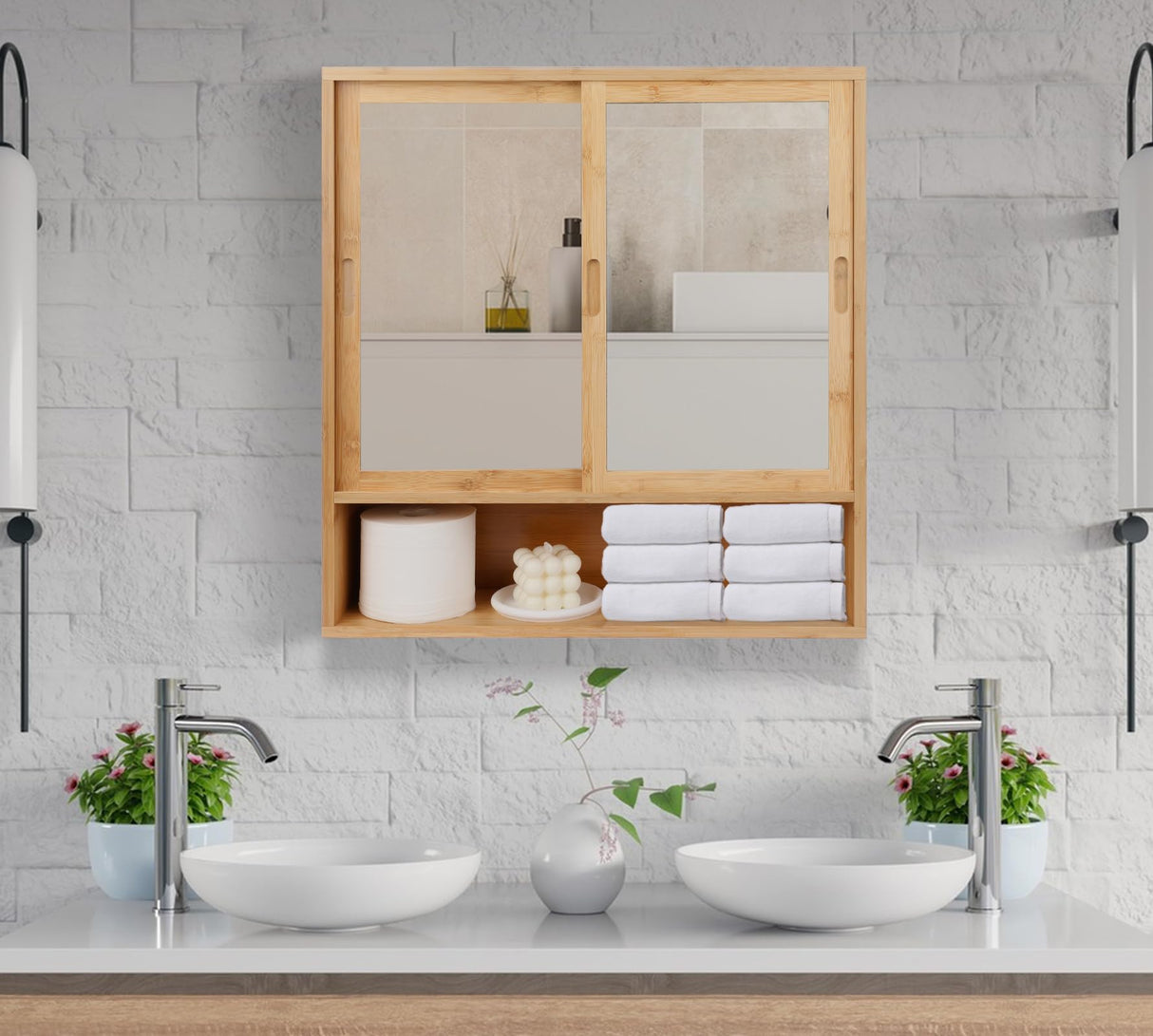 ZYBT Bamboo Bathroom Cabinet,Mirrored Medicine Cabinets,Bathroom Cabinet Wall Mounted with Storage,Medicine Cabinets with Mirror,Over The Toilet Storage with 2 Sliding Doors ZYBT
