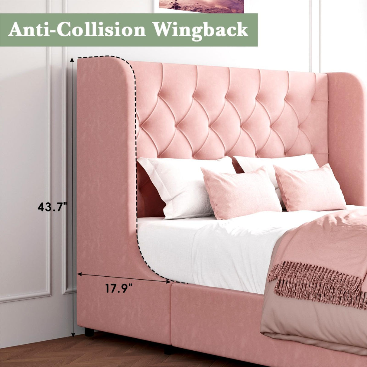HOMBCK Queen Bed Frame, Upholstered Bed Frame with Headboard, Pink Queen Bed Frame, Wide Wingback, Soft Velvet Bed Frame, No Box Spring Needed, Noise Free, Easy Assembly, Pink HOMBCK