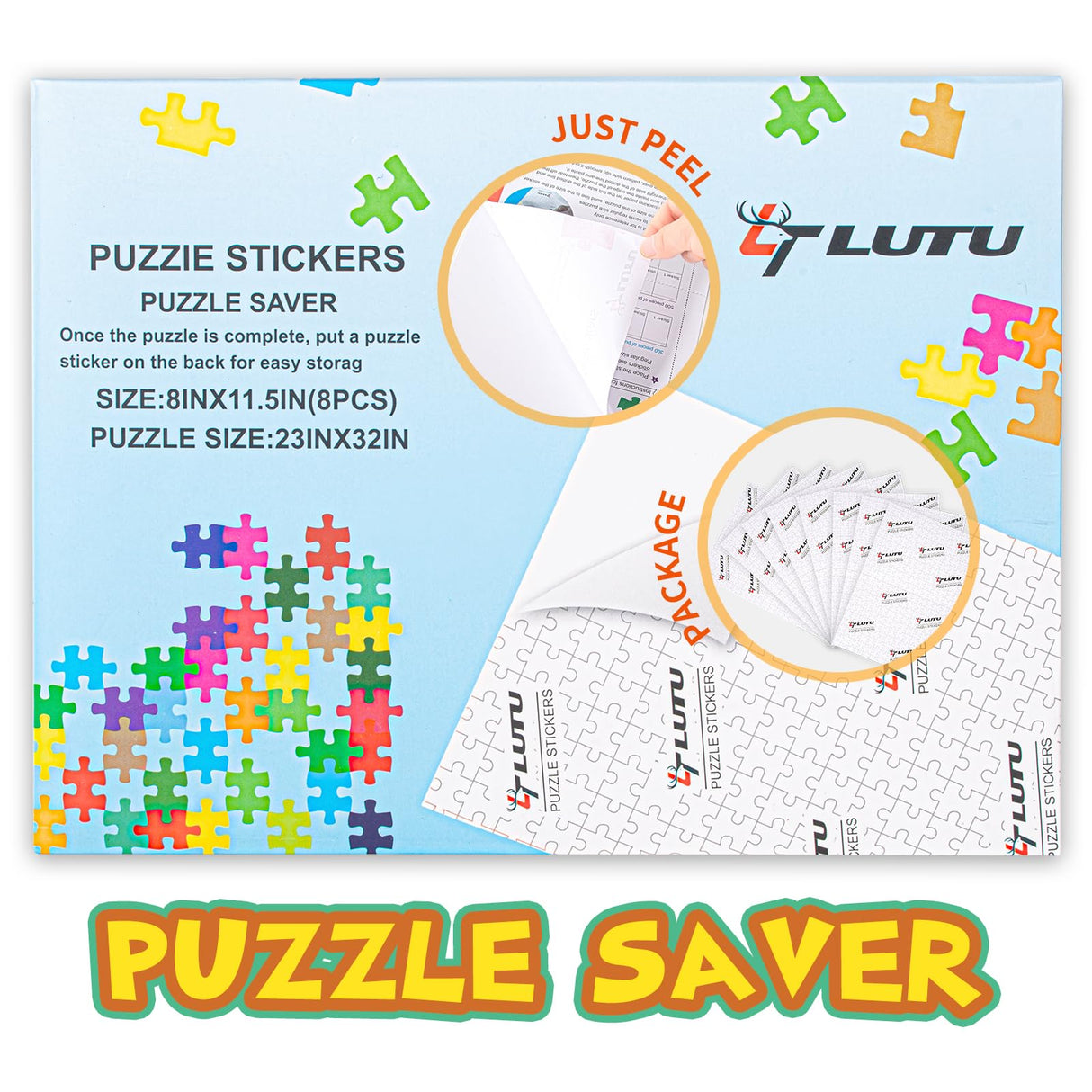 LTLUTU Puzzle Saver Sheets Kit (8 Sheets) - Permanent Adhesive Backing to Protect Finished Puzzles for Framing, Includes 2 Self-Stick Hooks + Squeegee Tool, Puzzle Preservation Stickers for Adults LTLUTU