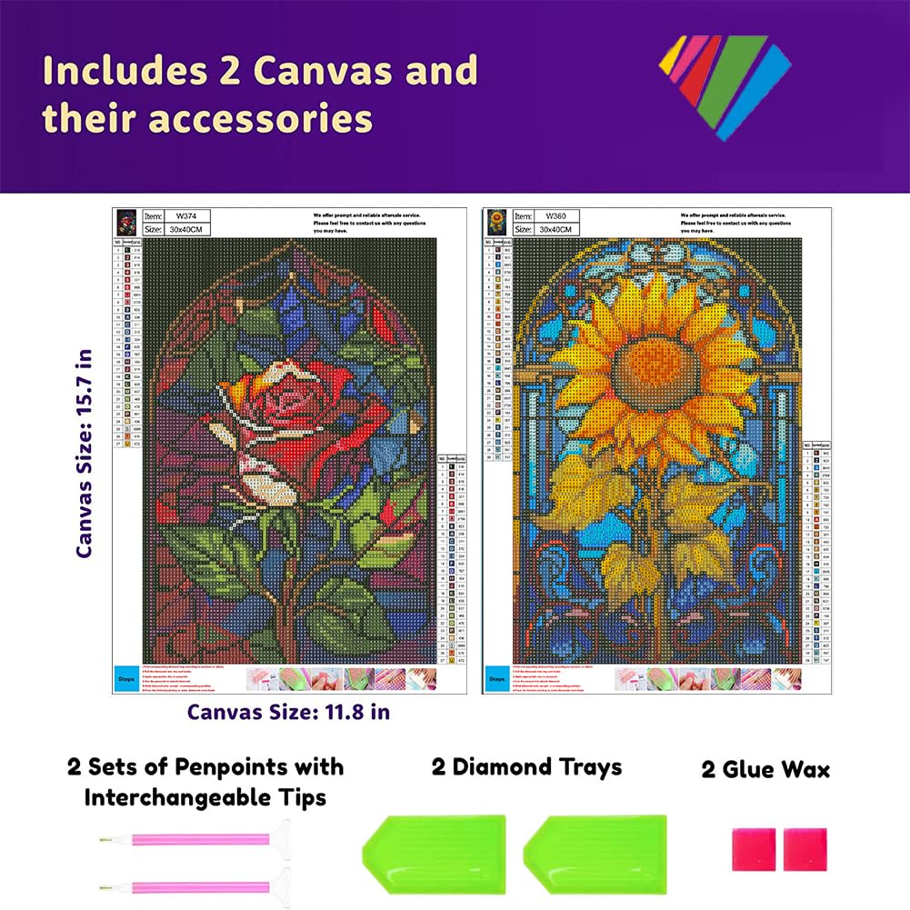 OFRKE 2-Piece Rose Sunflower Diamond Painting Kits for Adults, Round Full Drill 5D DIY Diamond Art Kits for Home Wall Decor 12"x16" OFRKE