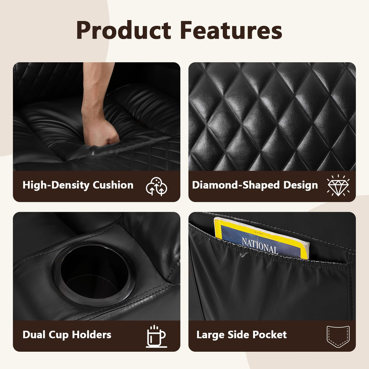 AHMED Power Swivel Rocker Recliner Chair with Massage and Heat, Faux Leather Home Theater Seating with LED Ambient Lighting, Glider Reclining Sofa with Cup Holders for Living Room (Black, Single) AHMED