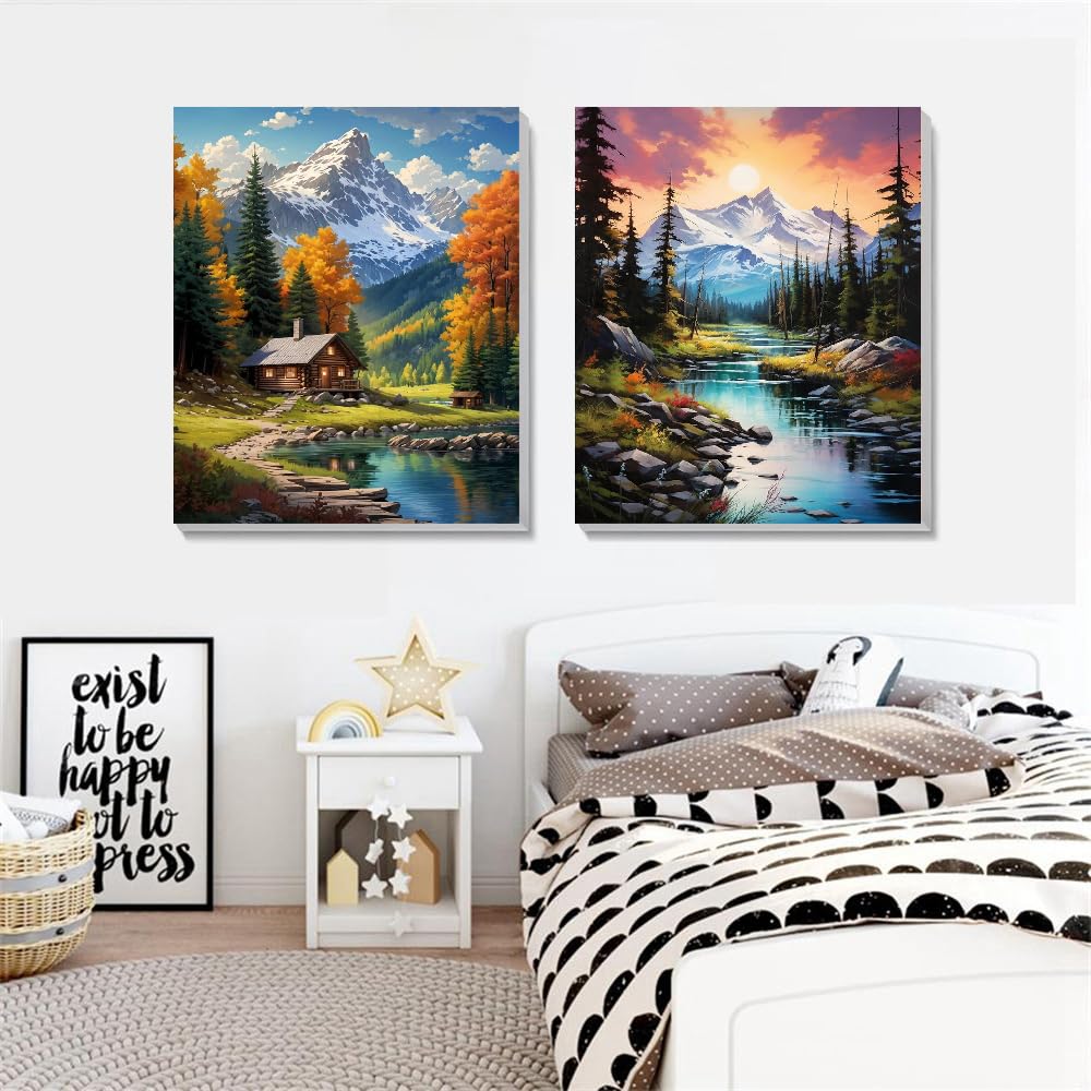 2 Pack Mountain Paint by Numbers Kit for Adults Beginner with Framed,Easy Adult Paint by Number Kits on Canvas DIY Painting for Beginners Art by Numbers for Home Wall Decor 10x12 Inch NEGEKFKX